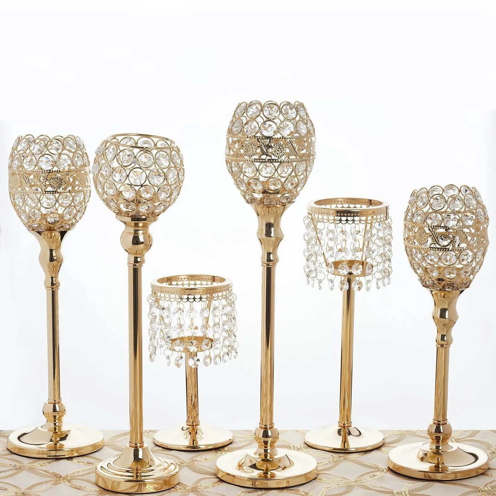 16" Tall Crystal Beaded Candle Holder Goblet Votive Tealight Wedding Chandelier Centerpiece - Gold - BUY ONE GET ONE FREE!!