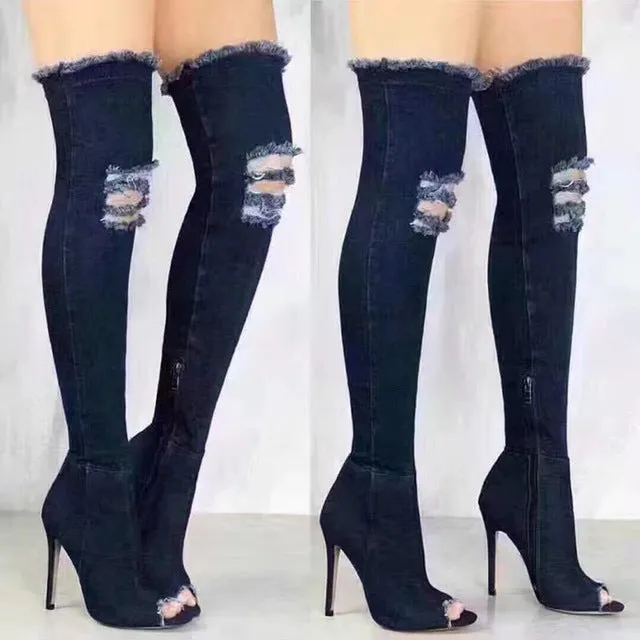 2017 Hot Women Boots summer autumn peep toe Over The Knee Boots quality High elastic jeans fashion boots high heels plus size