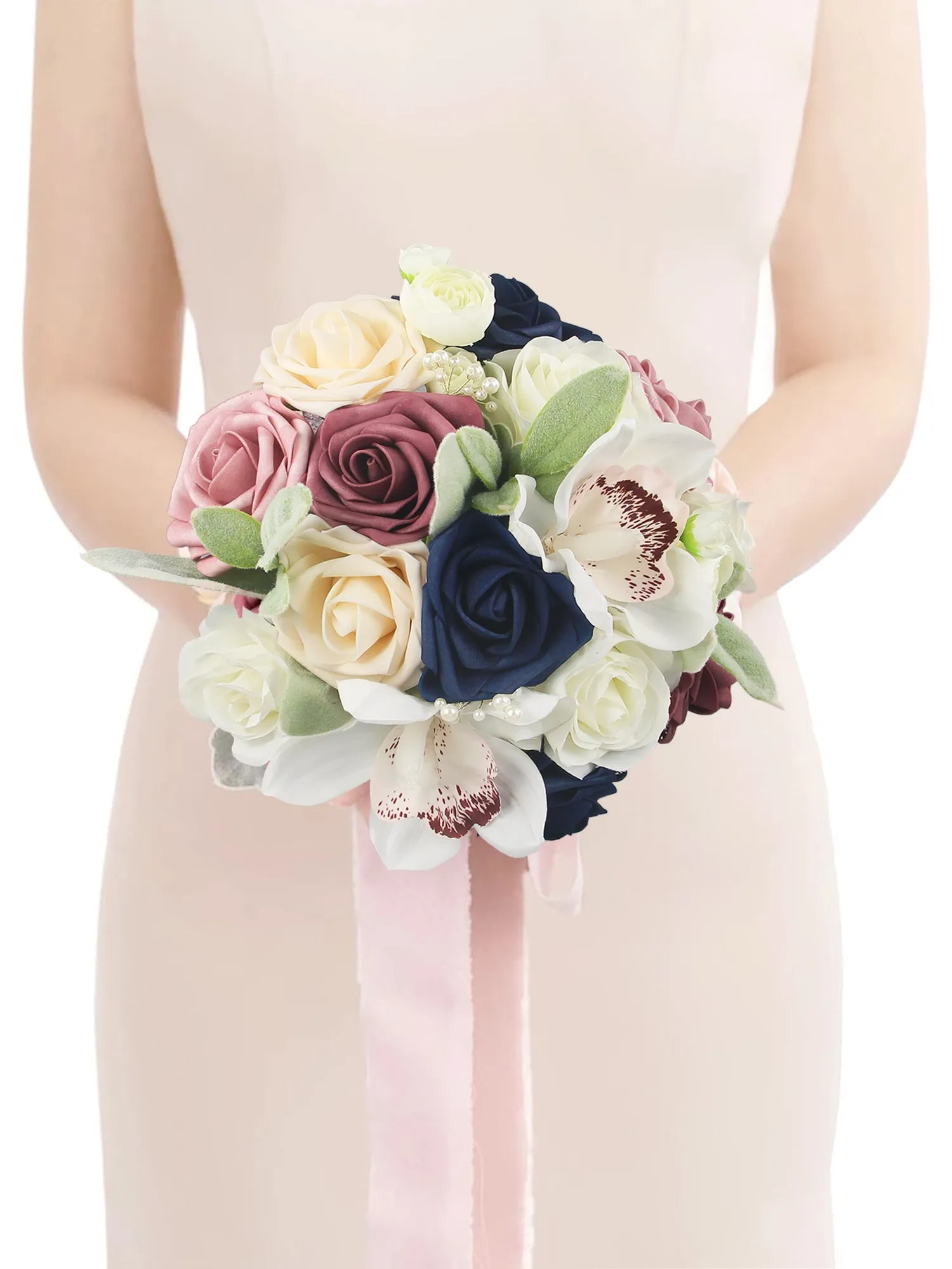 7.8 inch wide Dusty Rose & Navy Blue Bridesmaid Bouquet