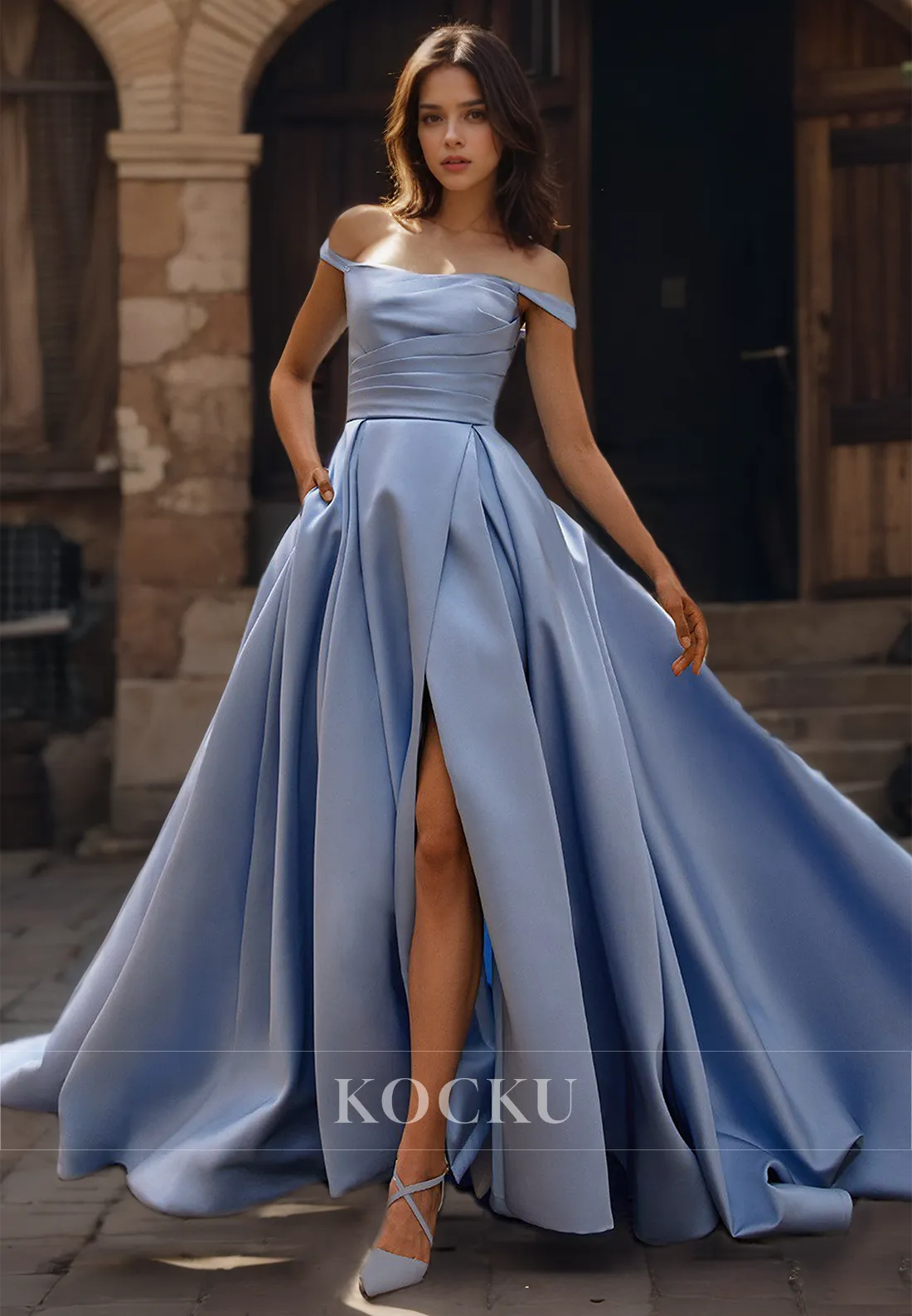 A-Line Off-Shoulder Sleeveless Sweep Train Ruched Satin Wedding Dress with Floral Bridal Gowns