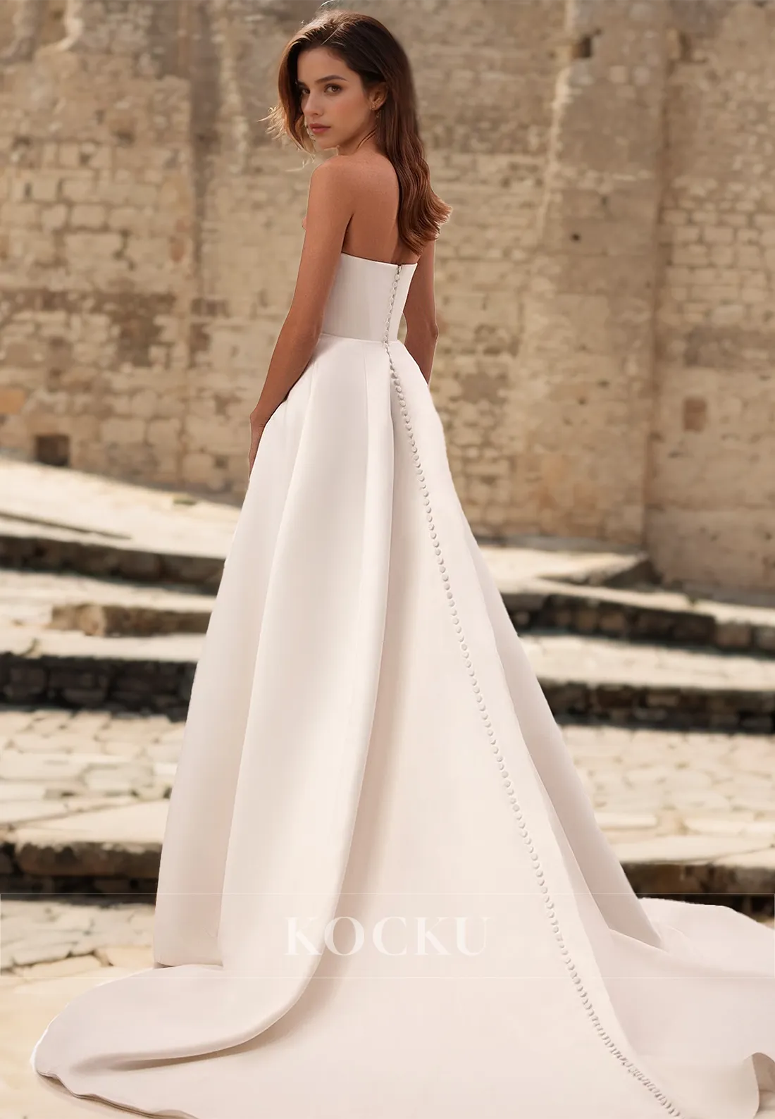 A-Line Sweetheart Sleeveless High Split Train Pleated Satin Wedding Dress with Floral Bridal Dress