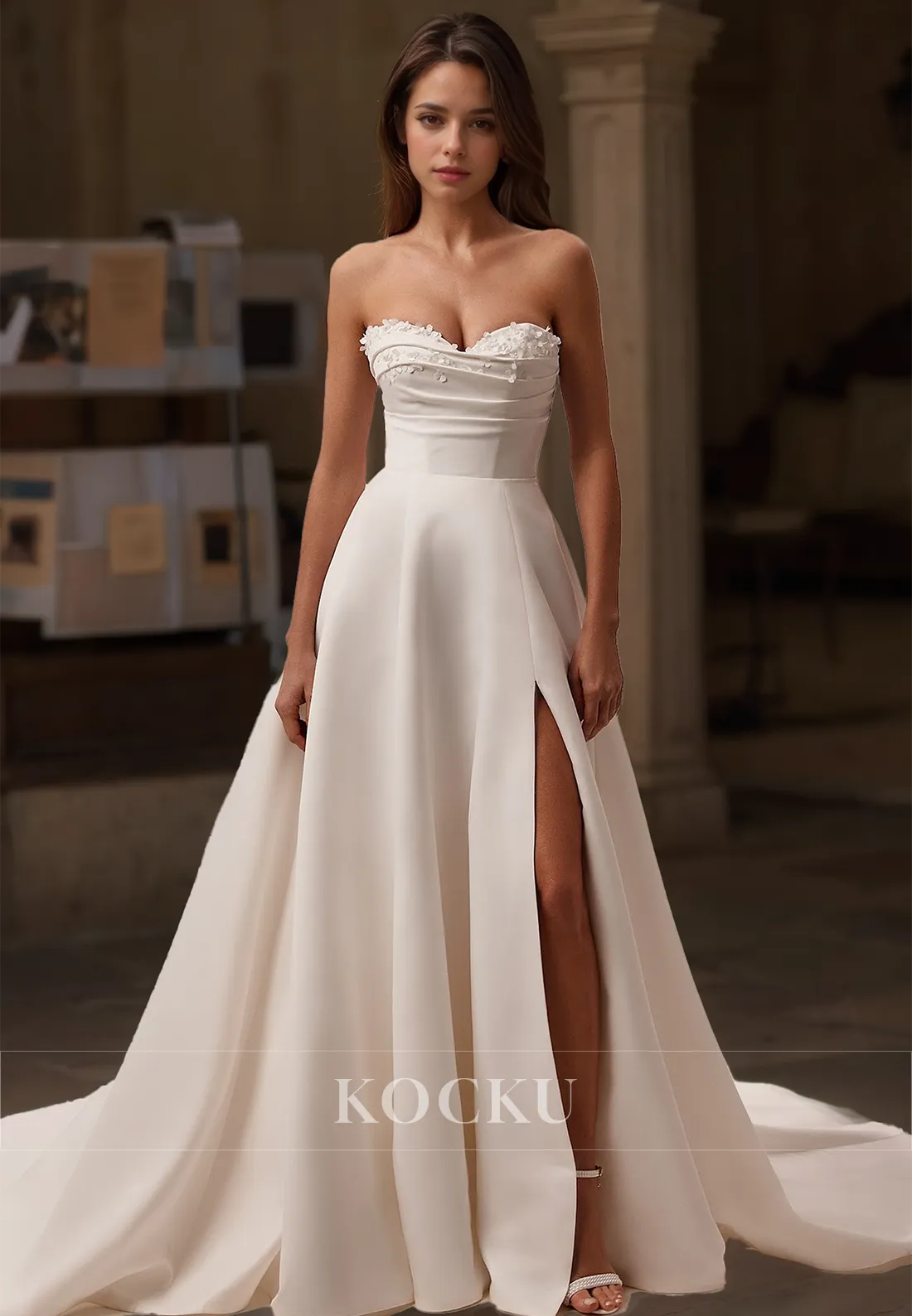 A-Line Sweetheart Sleeveless High Split Train Pleated Satin Wedding Dress with Floral Bridal Dress