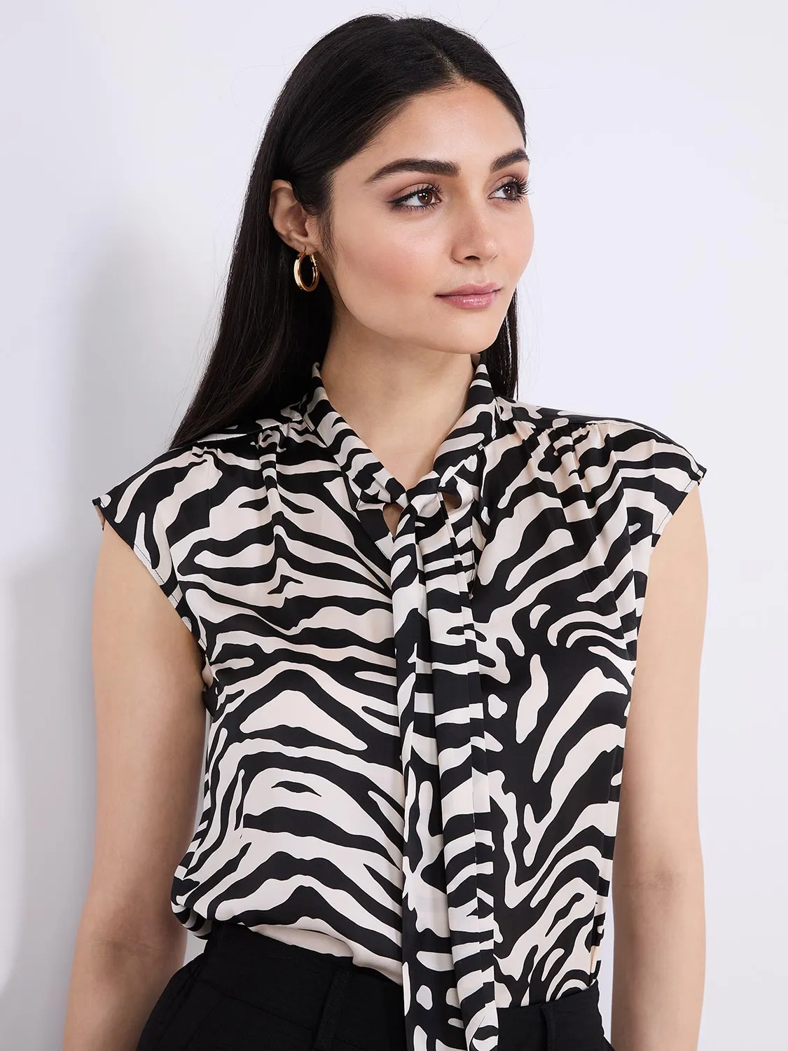 Animal Print Satin Bow Blouse