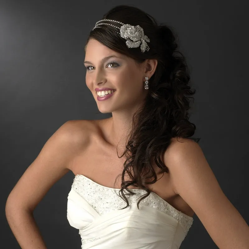 Antique Silver Crystal Encrusted Flower Bridal Headband