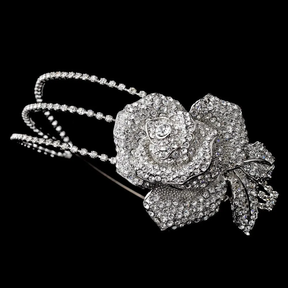 Antique Silver Crystal Encrusted Flower Bridal Headband