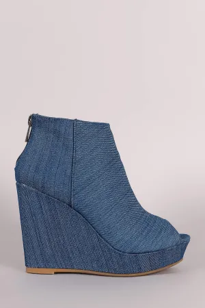 Bamboo Denim Peep Toe Wedge Booties