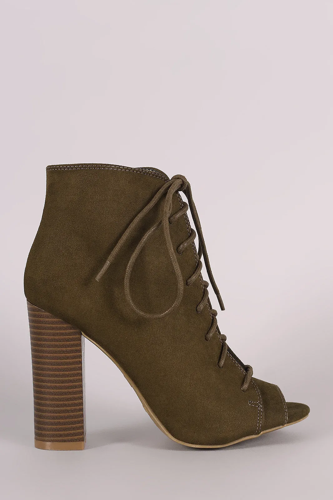 Bamboo Suede Peep Toe Lace-Up Chunky Heeled Booties