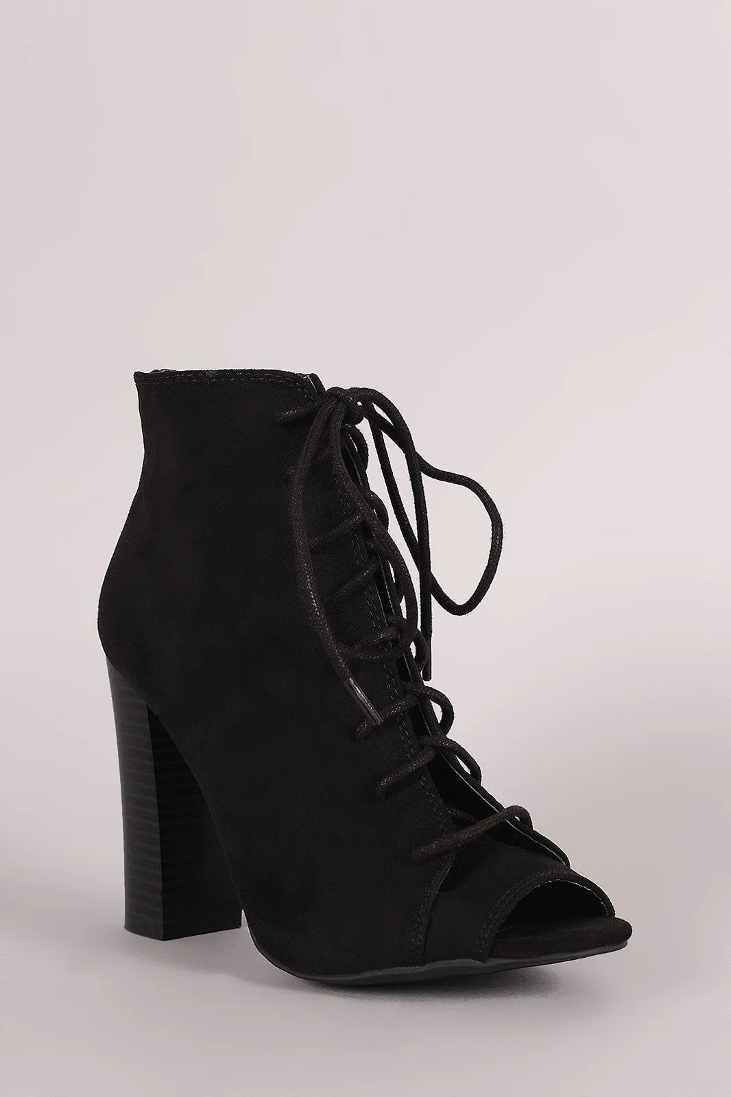 Bamboo Suede Peep Toe Lace-Up Chunky Heeled Booties