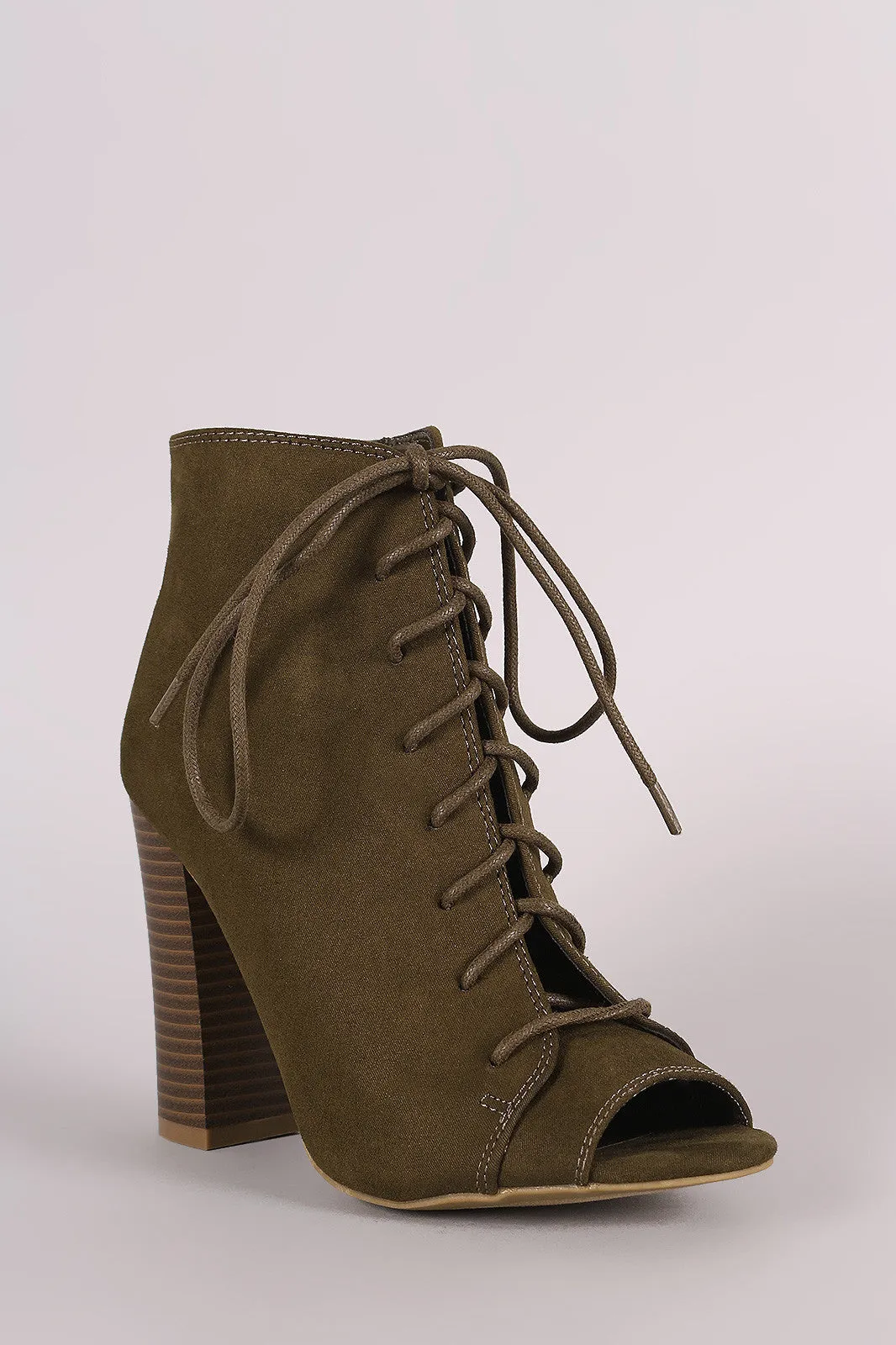 Bamboo Suede Peep Toe Lace-Up Chunky Heeled Booties