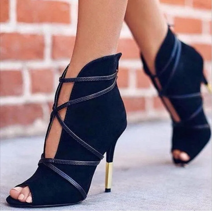 Black Cross Strap Peep Toe Metallic Heels