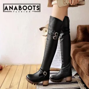 Buckles boots platform winter fashion over the knee