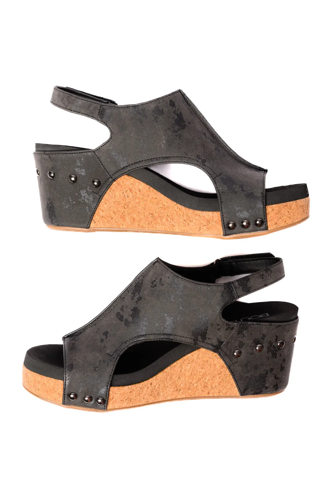 Carley Wedge Sandals in Black Metallic