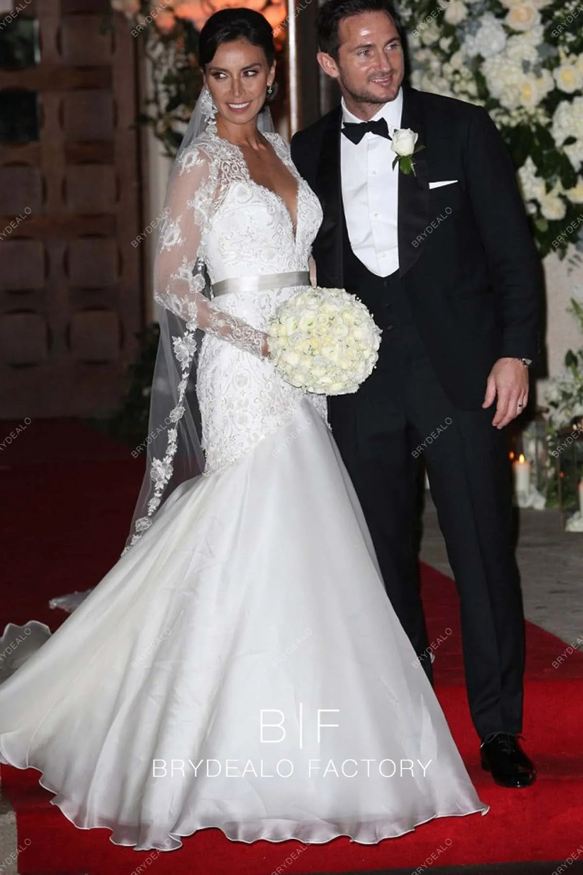 Christine Bleakley Vintage Plunging Lace Organza Trumpet wedding dress