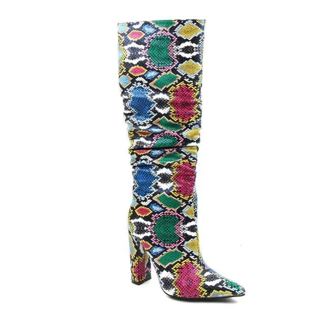 Colorful Snake Skin High Heel Thick Pointed Toe Zip Pleated Boots