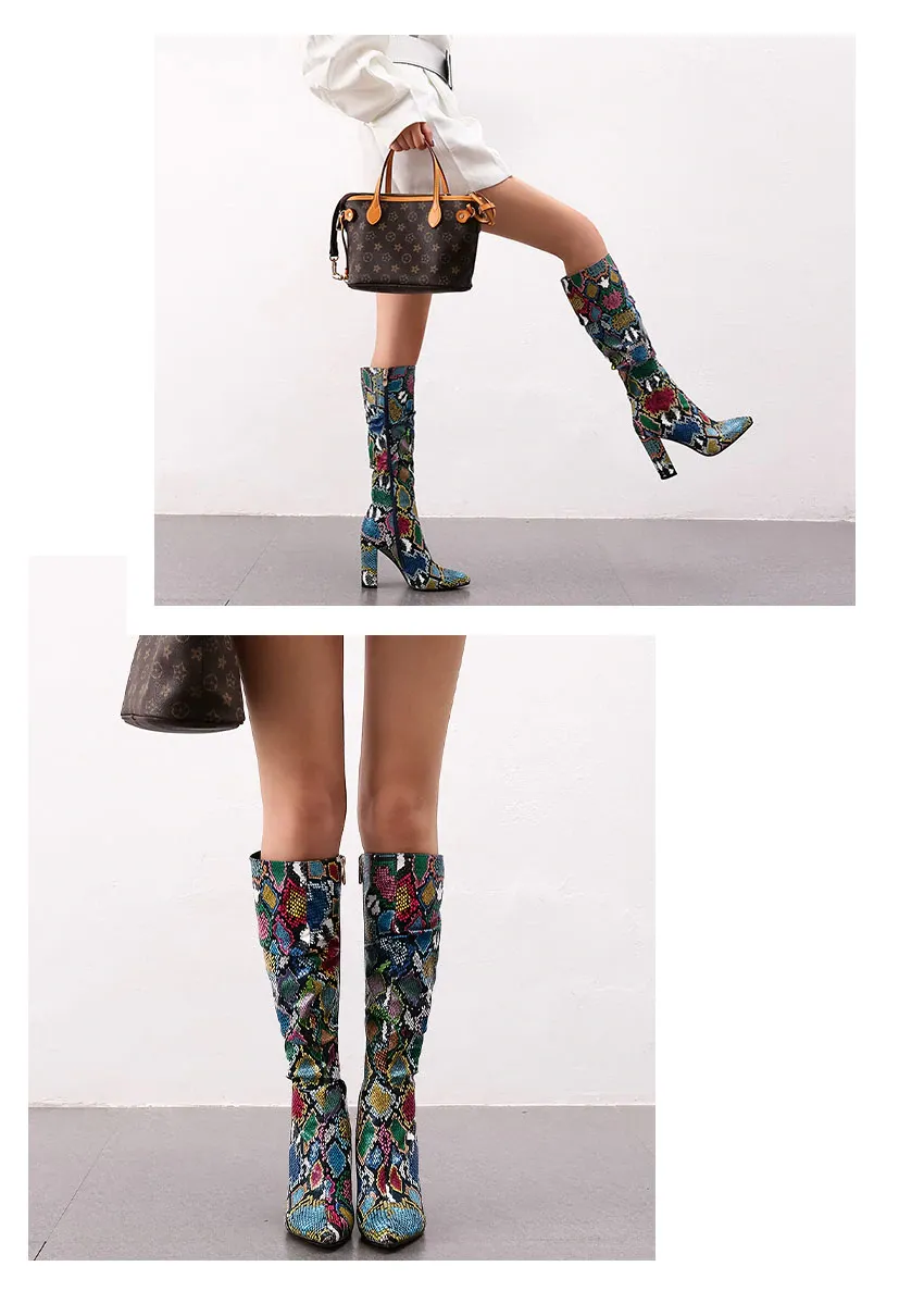 Colorful Snake Skin High Heel Thick Pointed Toe Zip Pleated Boots