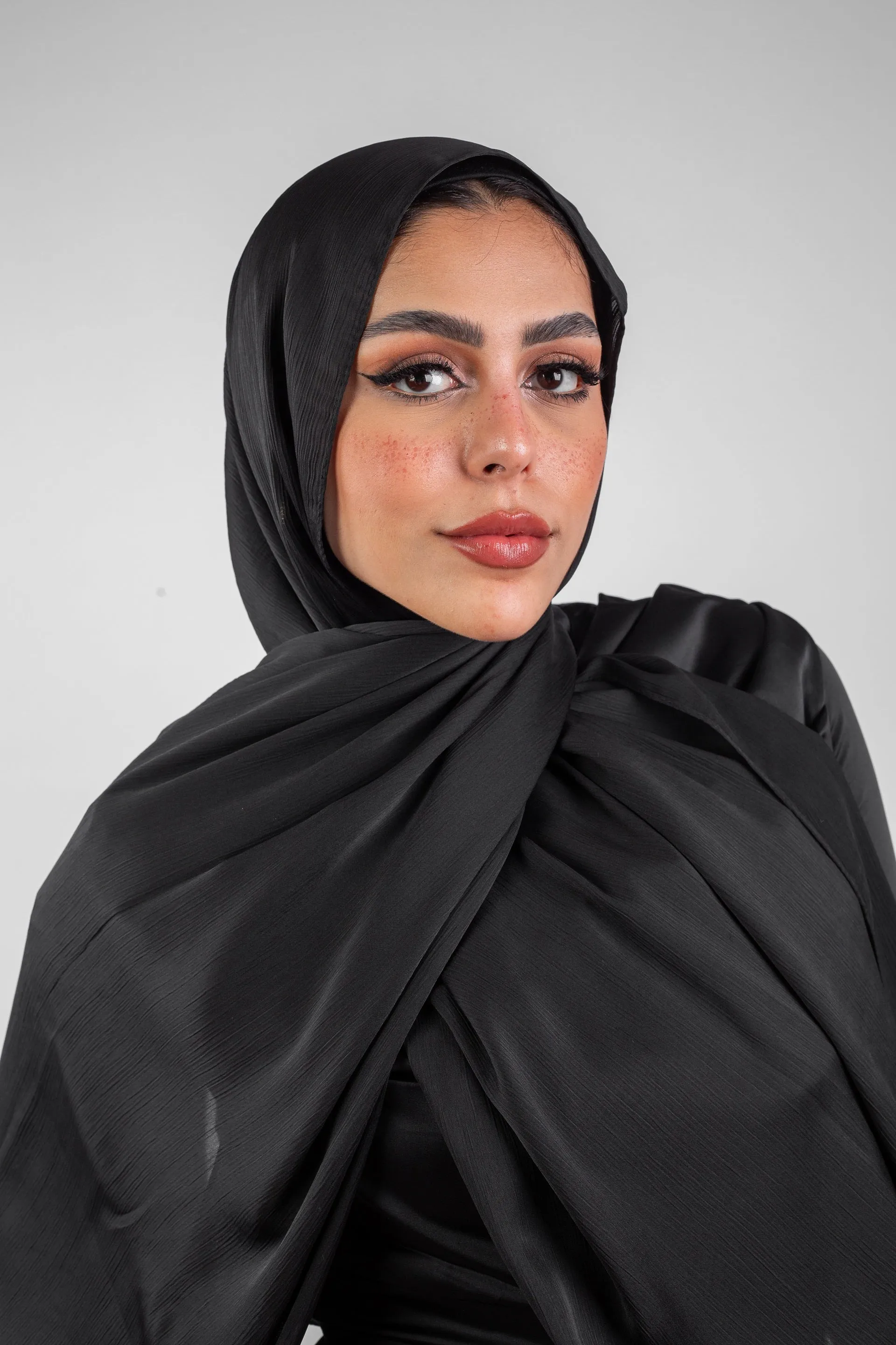 Crinkle Silk Satin Hijab-Black