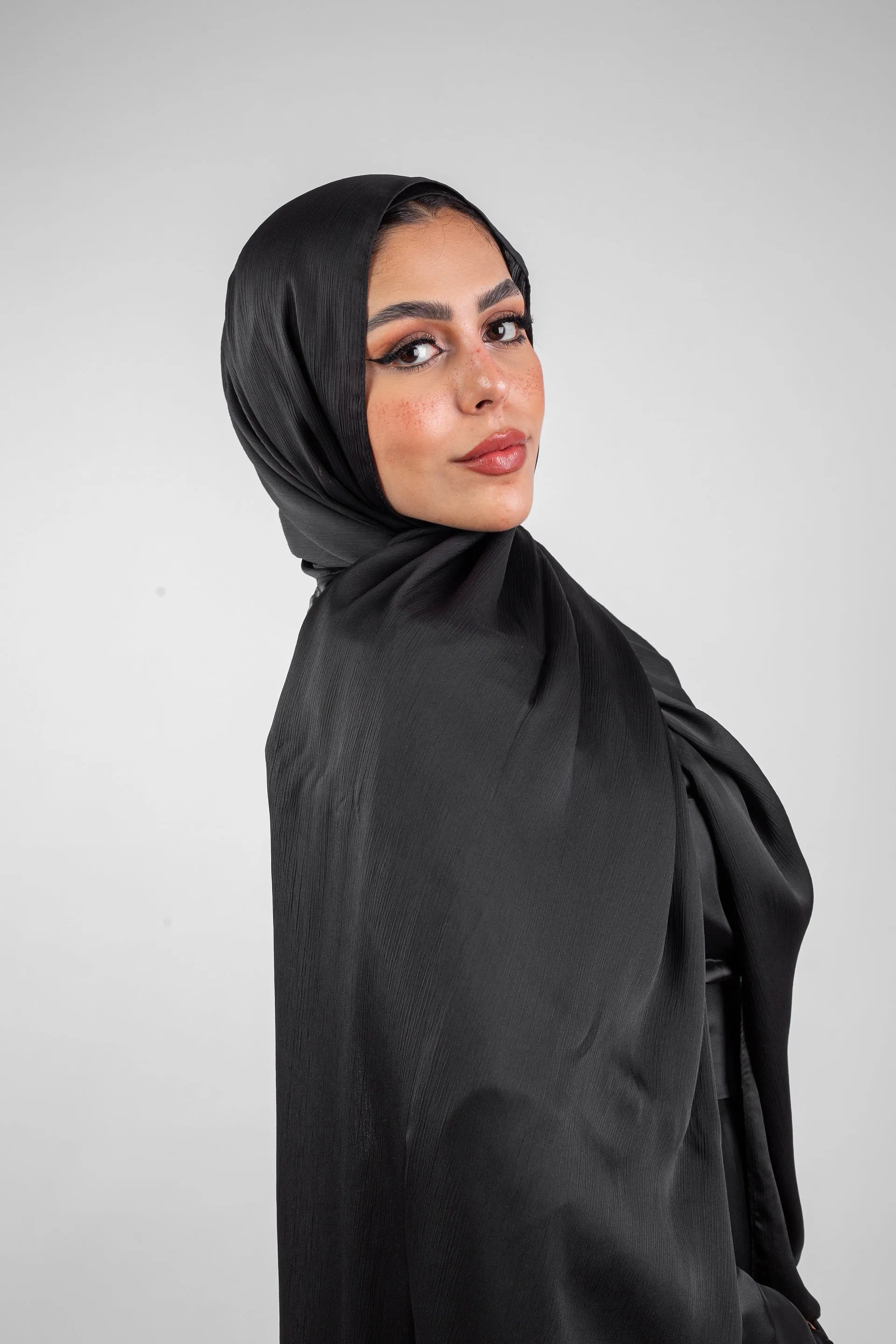 Crinkle Silk Satin Hijab-Black