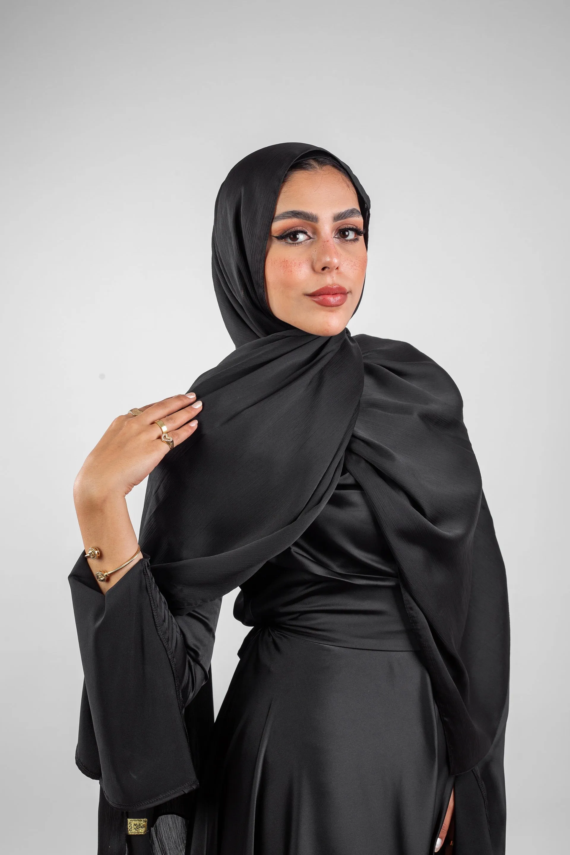 Crinkle Silk Satin Hijab-Black