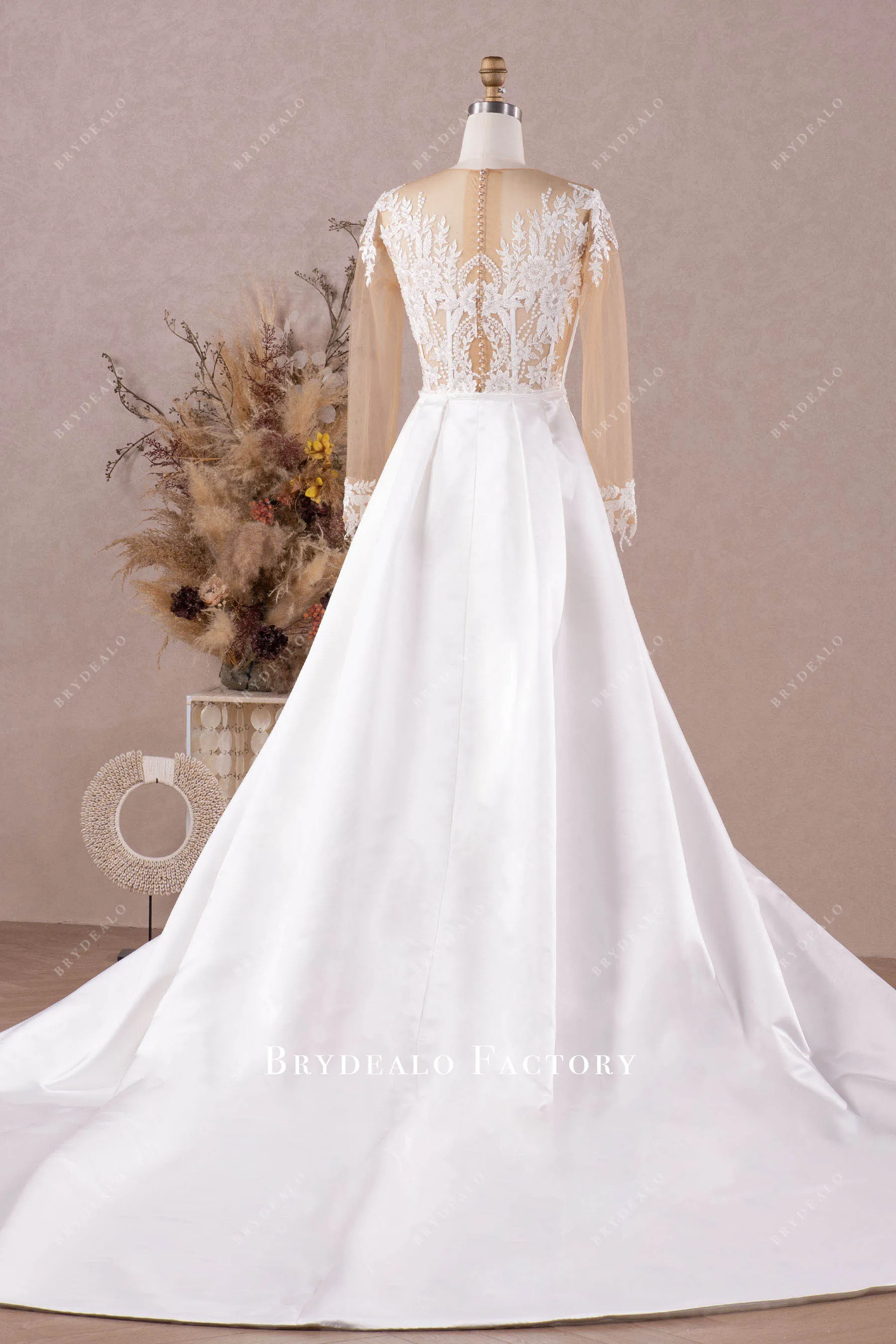 Designer Lace Long Sleeve Satin Mermaid Wedding Dress with Overskirt