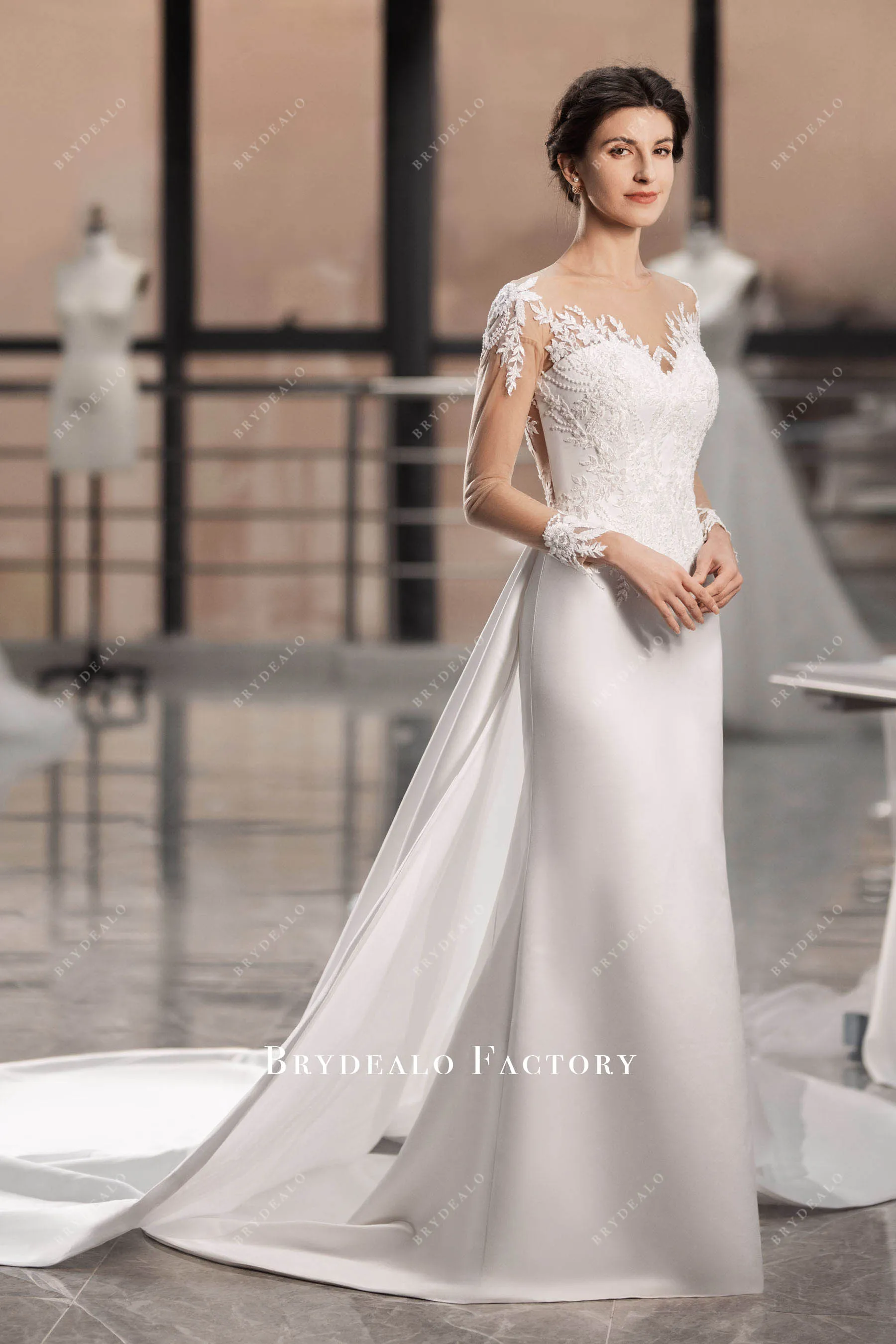 Designer Lace Long Sleeve Satin Mermaid Wedding Dress with Overskirt