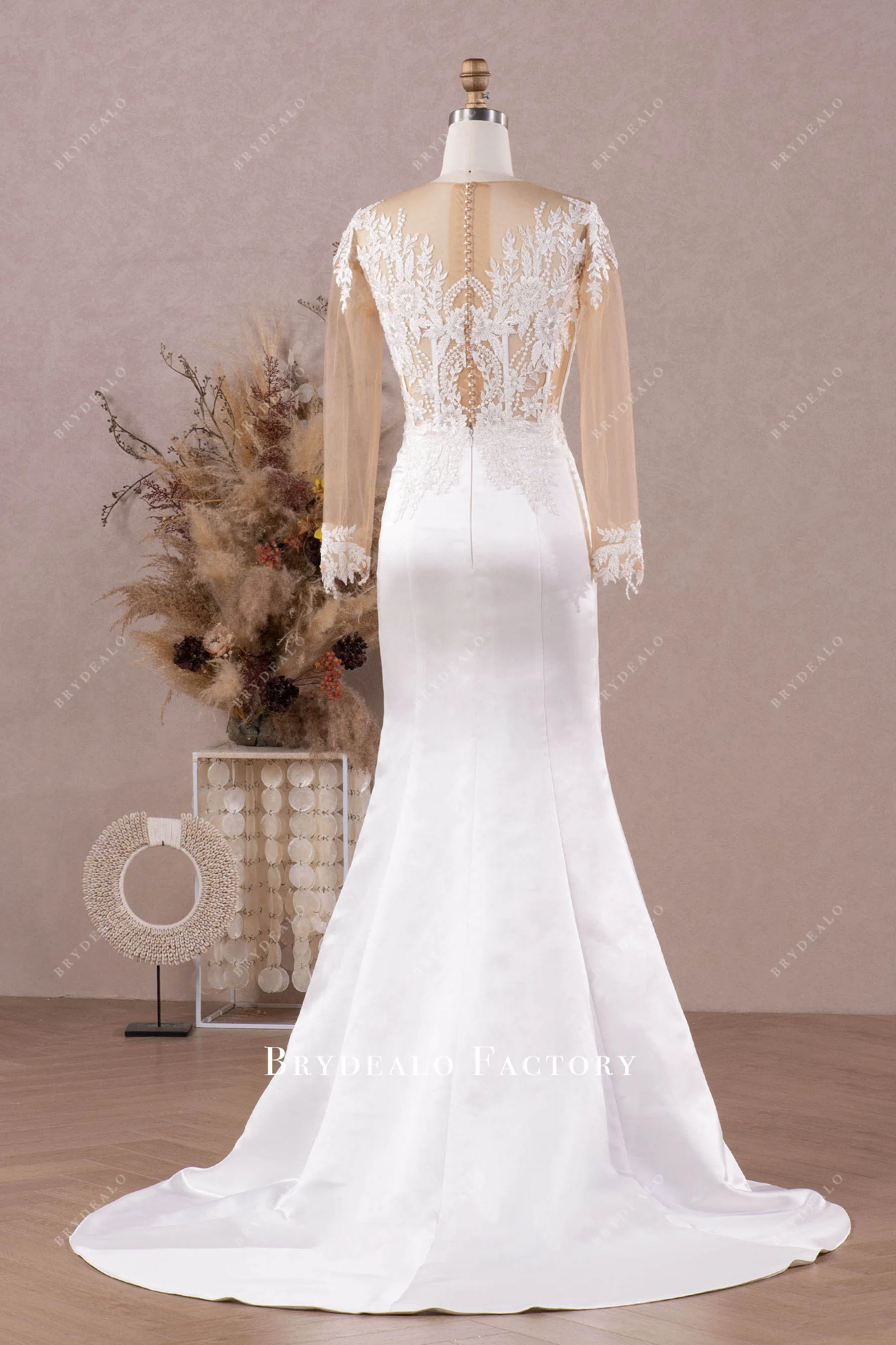 Designer Lace Long Sleeve Satin Mermaid Wedding Dress with Overskirt