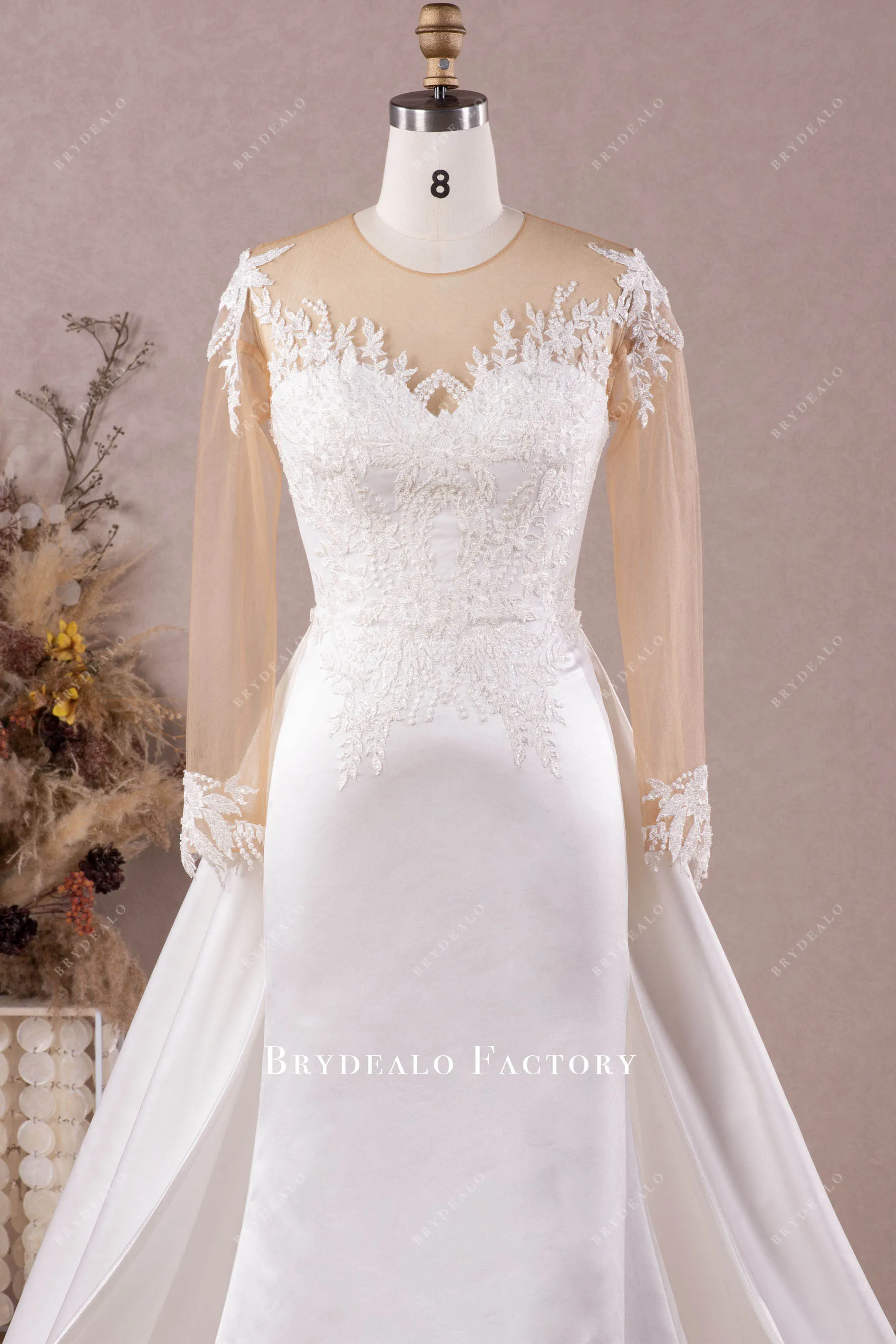 Designer Lace Long Sleeve Satin Mermaid Wedding Dress with Overskirt