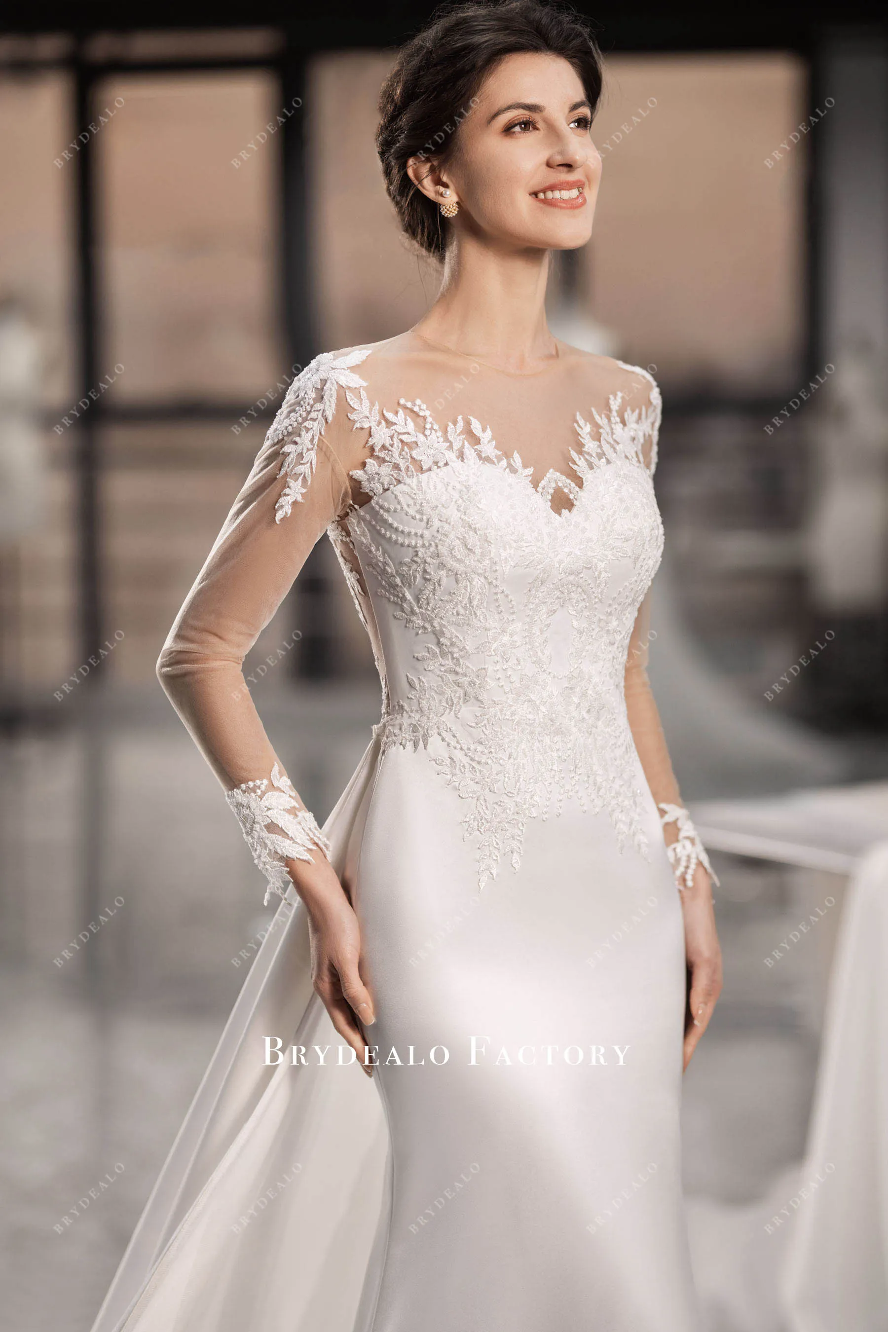 Designer Lace Long Sleeve Satin Mermaid Wedding Dress with Overskirt