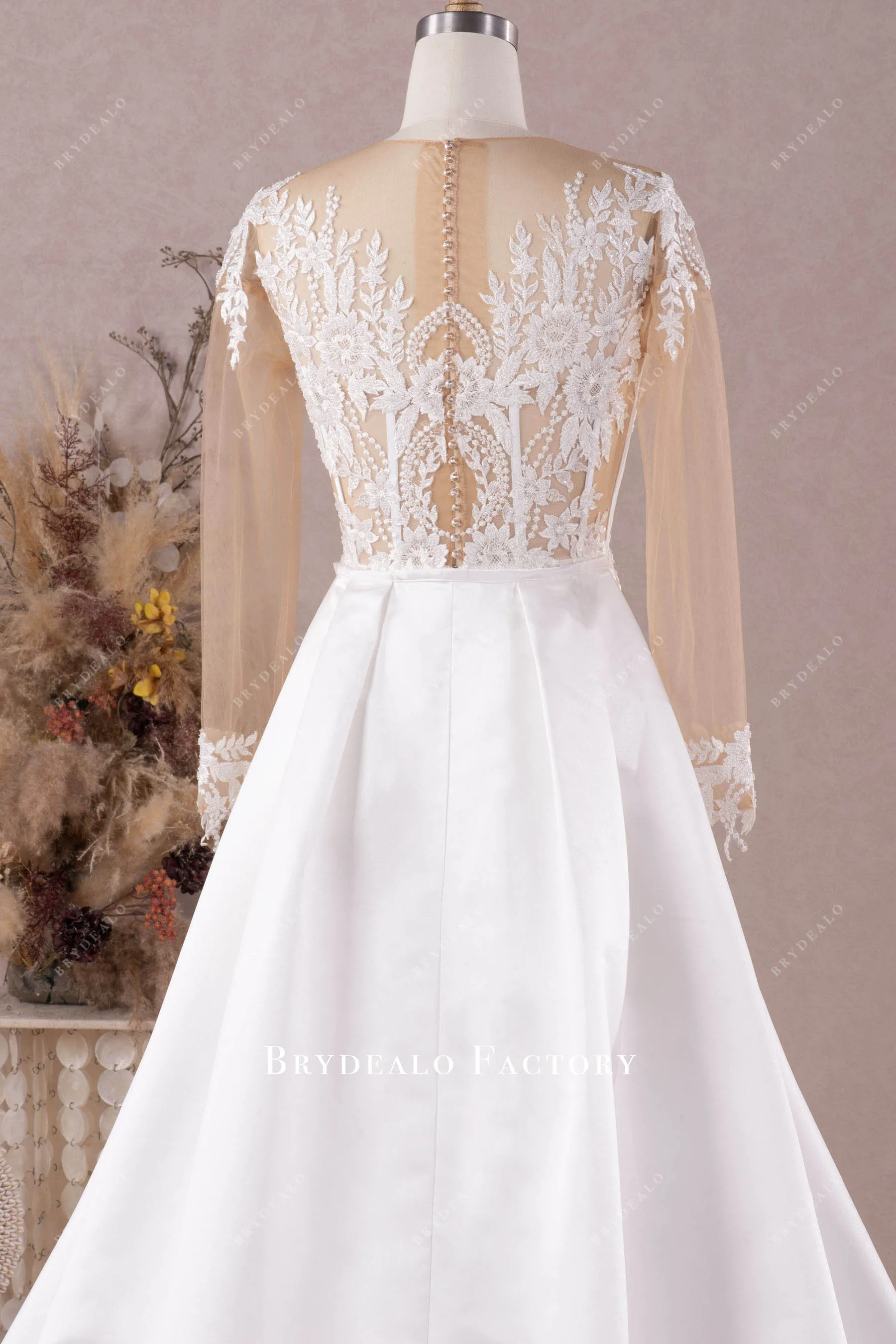 Designer Lace Long Sleeve Satin Mermaid Wedding Dress with Overskirt