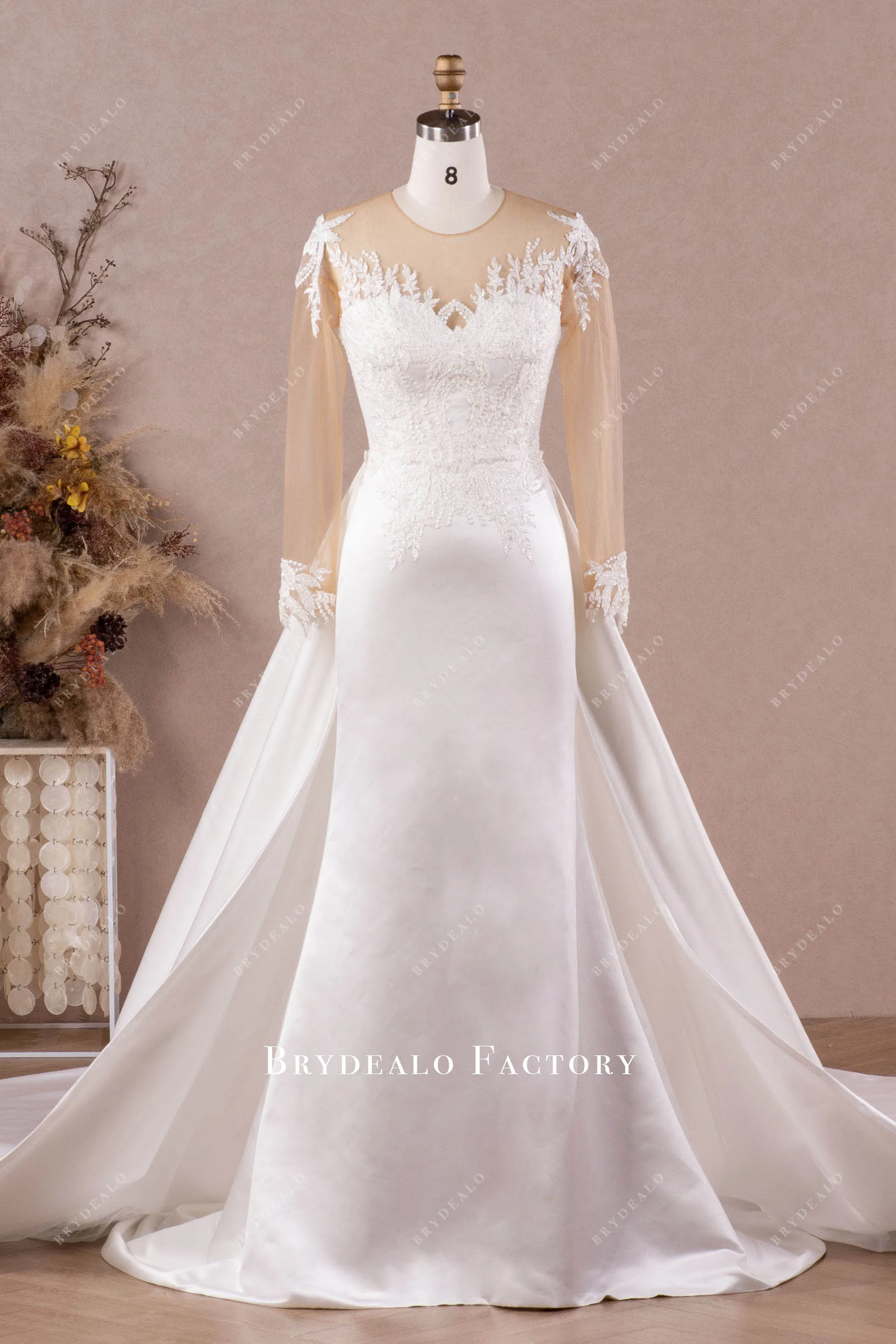 Designer Lace Long Sleeve Satin Mermaid Wedding Dress with Overskirt