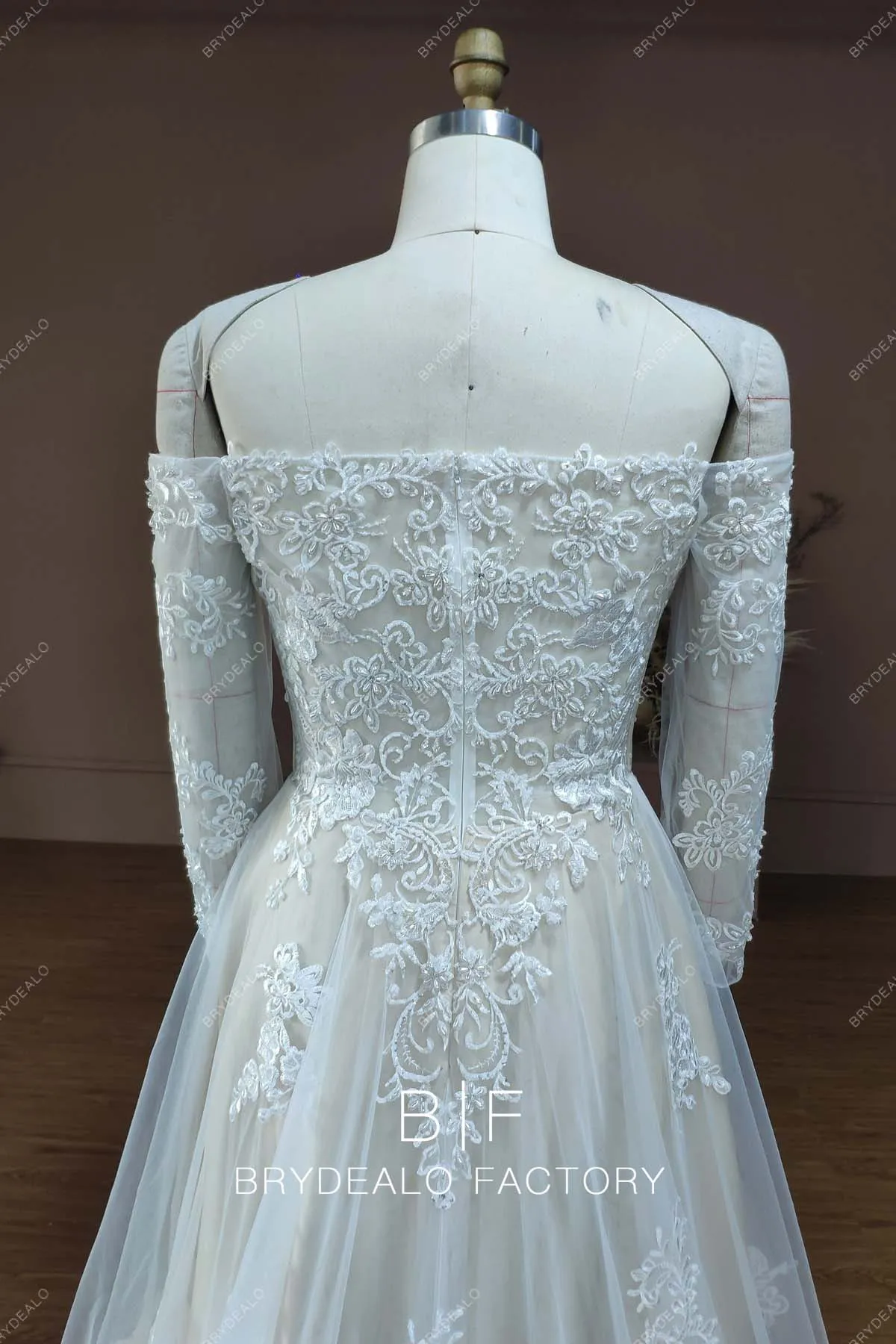 Designer Lace Off Shoulder Plus Size Champagne Destination Wedding Dress