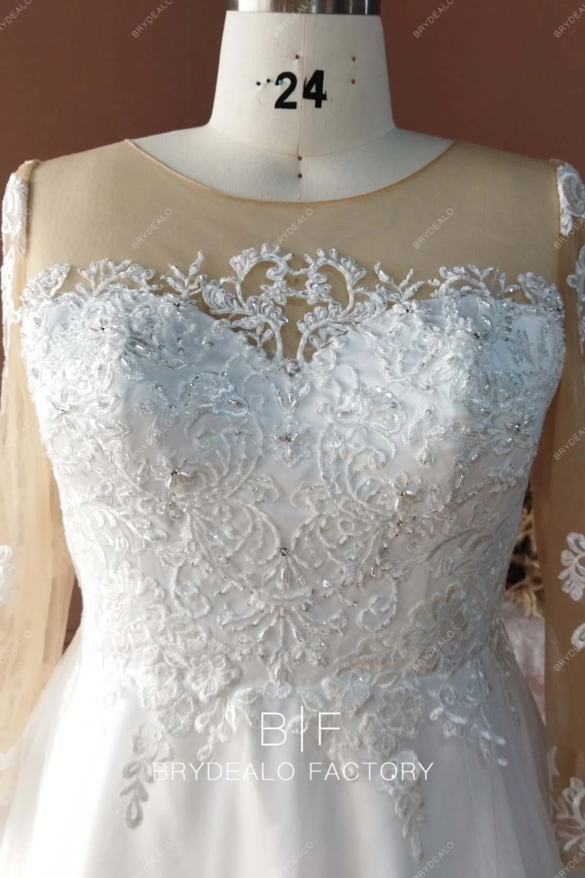 Designer Lace Plus Size Ball Gown Rustic Long Sleeve Wedding Dress