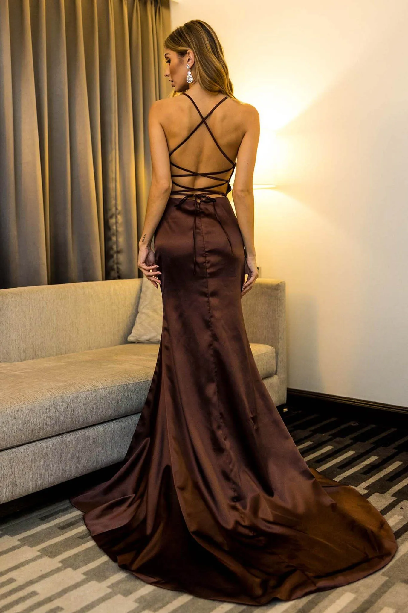 ELECTRA Lace Up Back Front Slit Satin Gown - Dark Brown (XS - Clearance Sale)