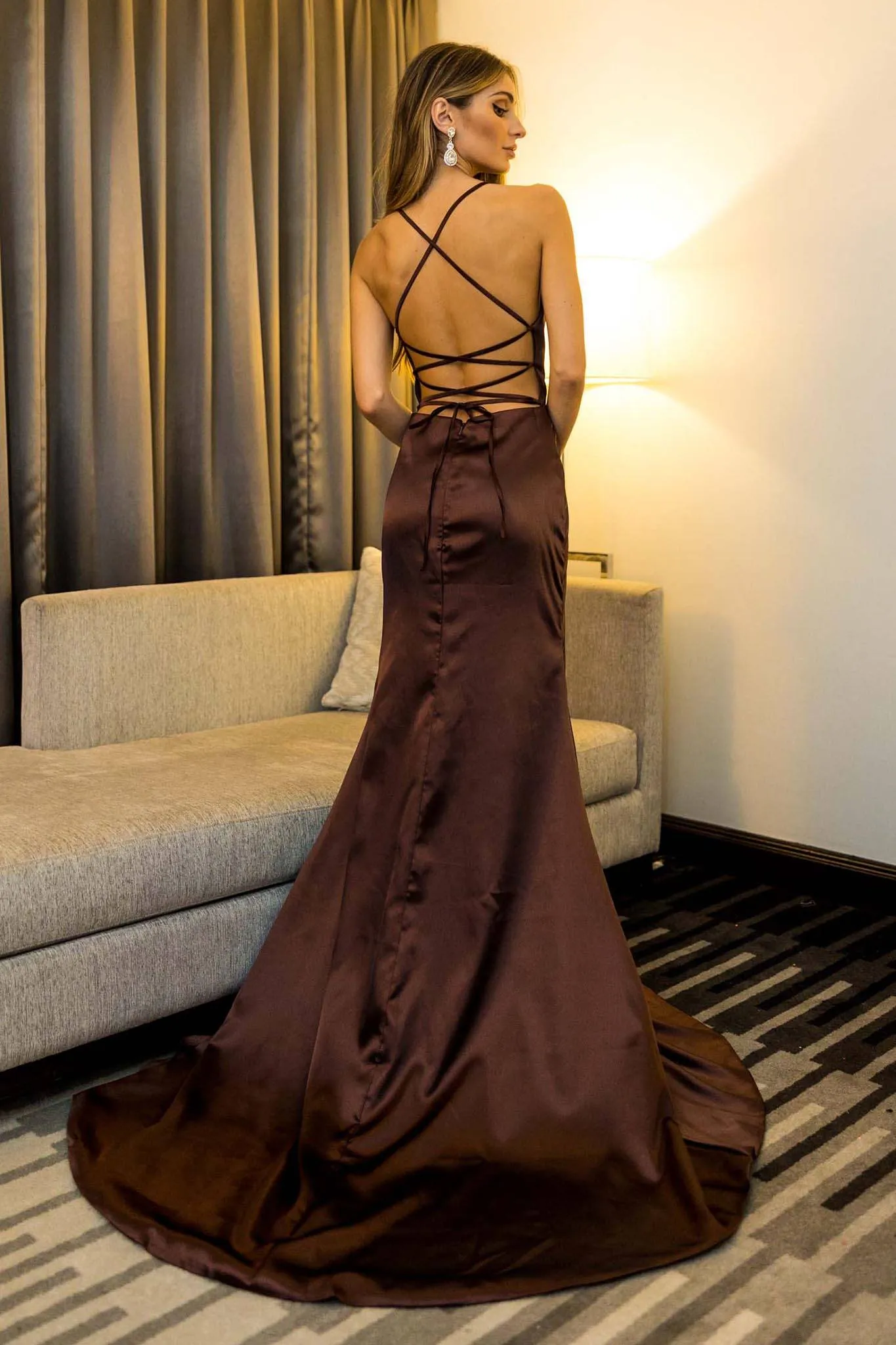 ELECTRA Lace Up Back Front Slit Satin Gown - Dark Brown (XS - Clearance Sale)