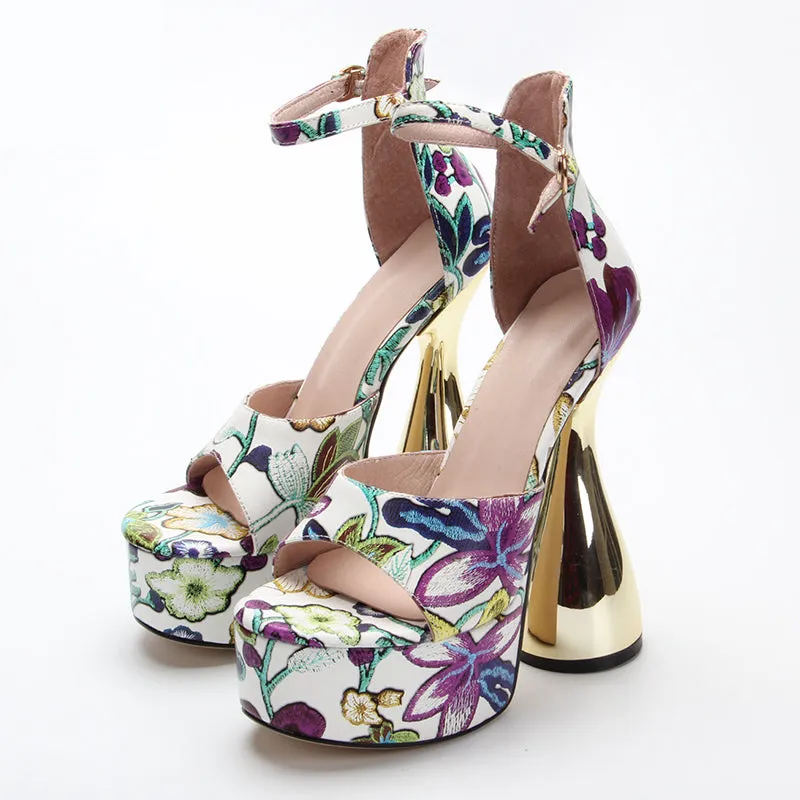 Floral Open Toe High Heel Platform Sandals