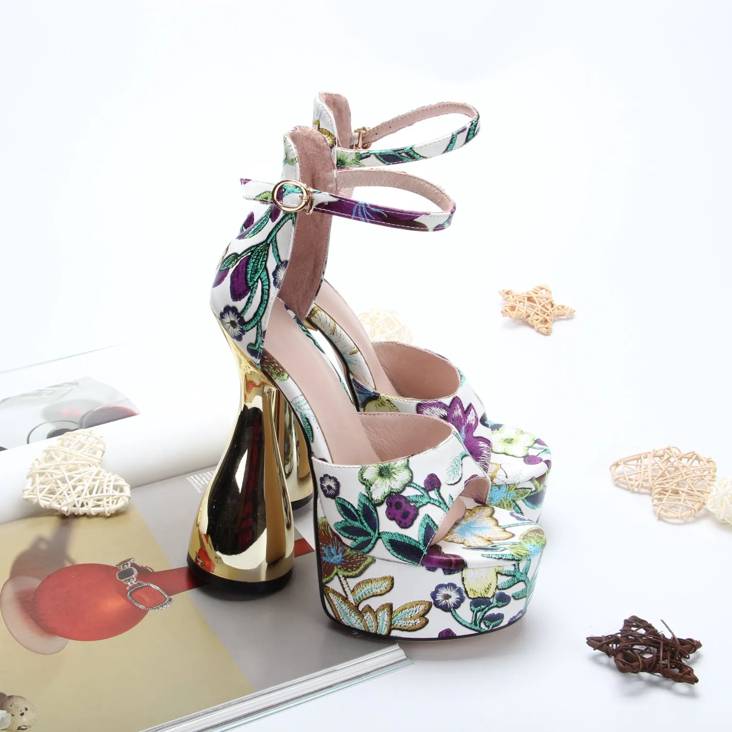 Floral Open Toe High Heel Platform Sandals