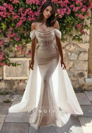 Glitter Trumpet Off-Shoulder Empire Pleats Sequined Wedding Dress