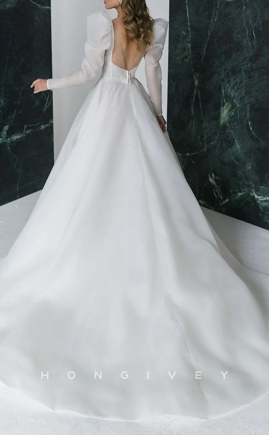 H1263 - Sexy Satin A-Line Scoop Long Sleeve Empire Appliques Beaded With Train Wedding Dress