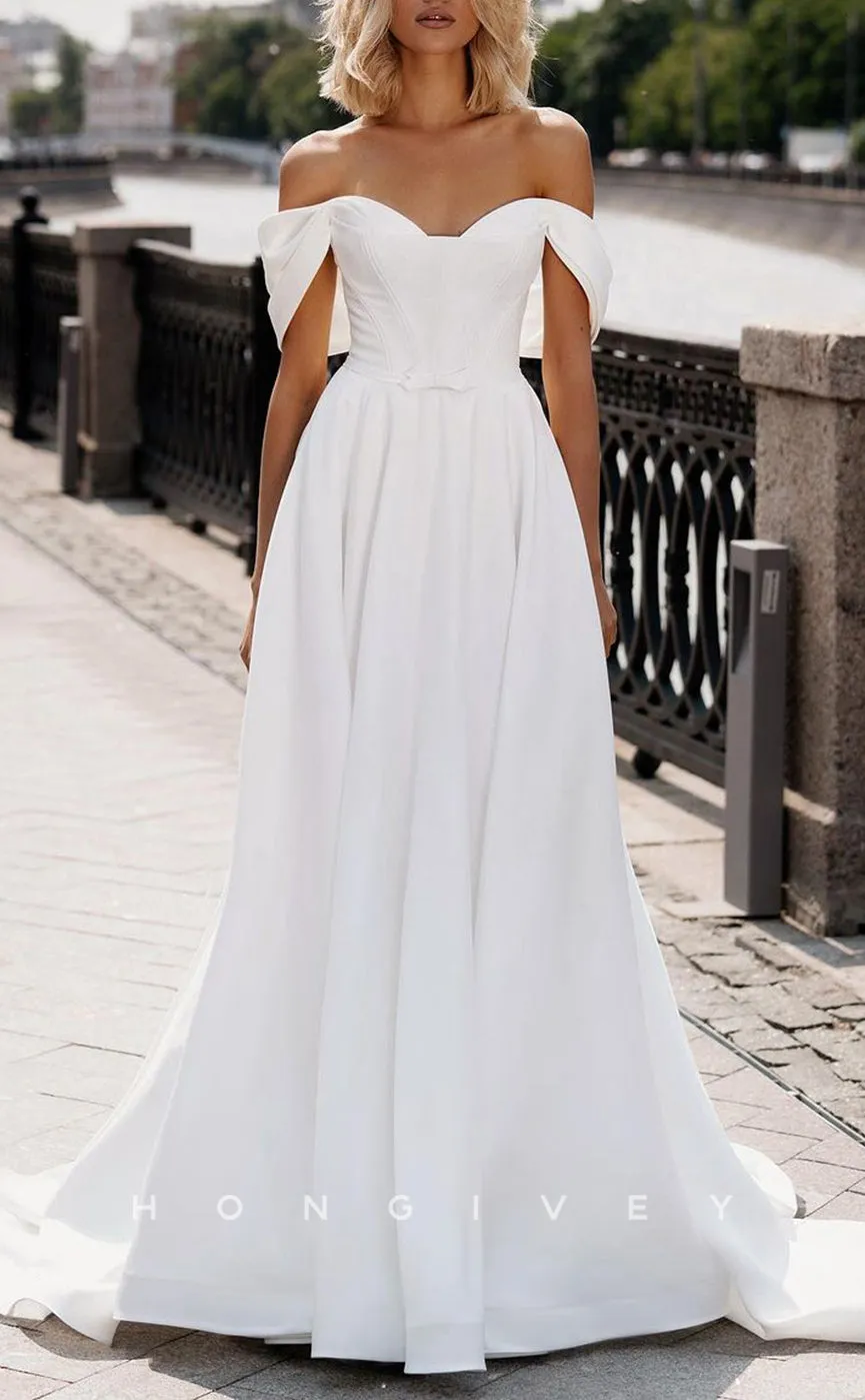 H1272 - Sexy Satin A-Line Off-Shoulder Sleeveless Empire Bowknot With Train Wedding Dress