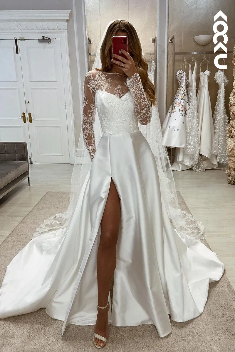 K1973 - Elegant & Charming A-Line Long Lace Sleeves V-Neck Side Slit Wedding Dress With Applique