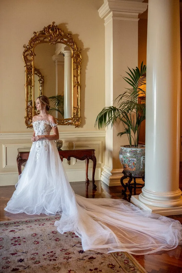 Layered Tulle - A-Line Ball Gown Wedding Dress Off-the-Shoulder Sleeves, White