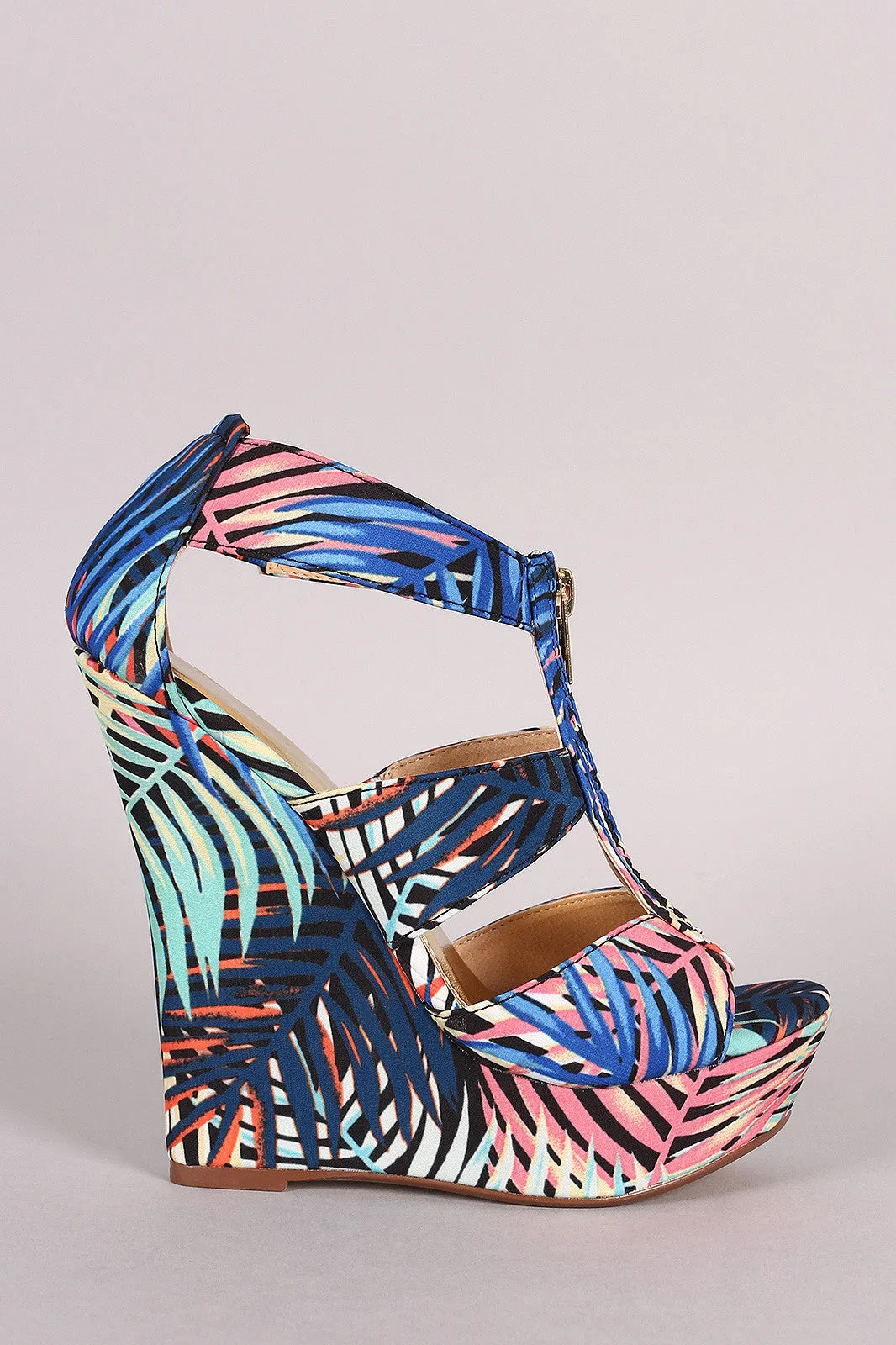 Liliana Palm Leaves Print Zipper Platform Wedge