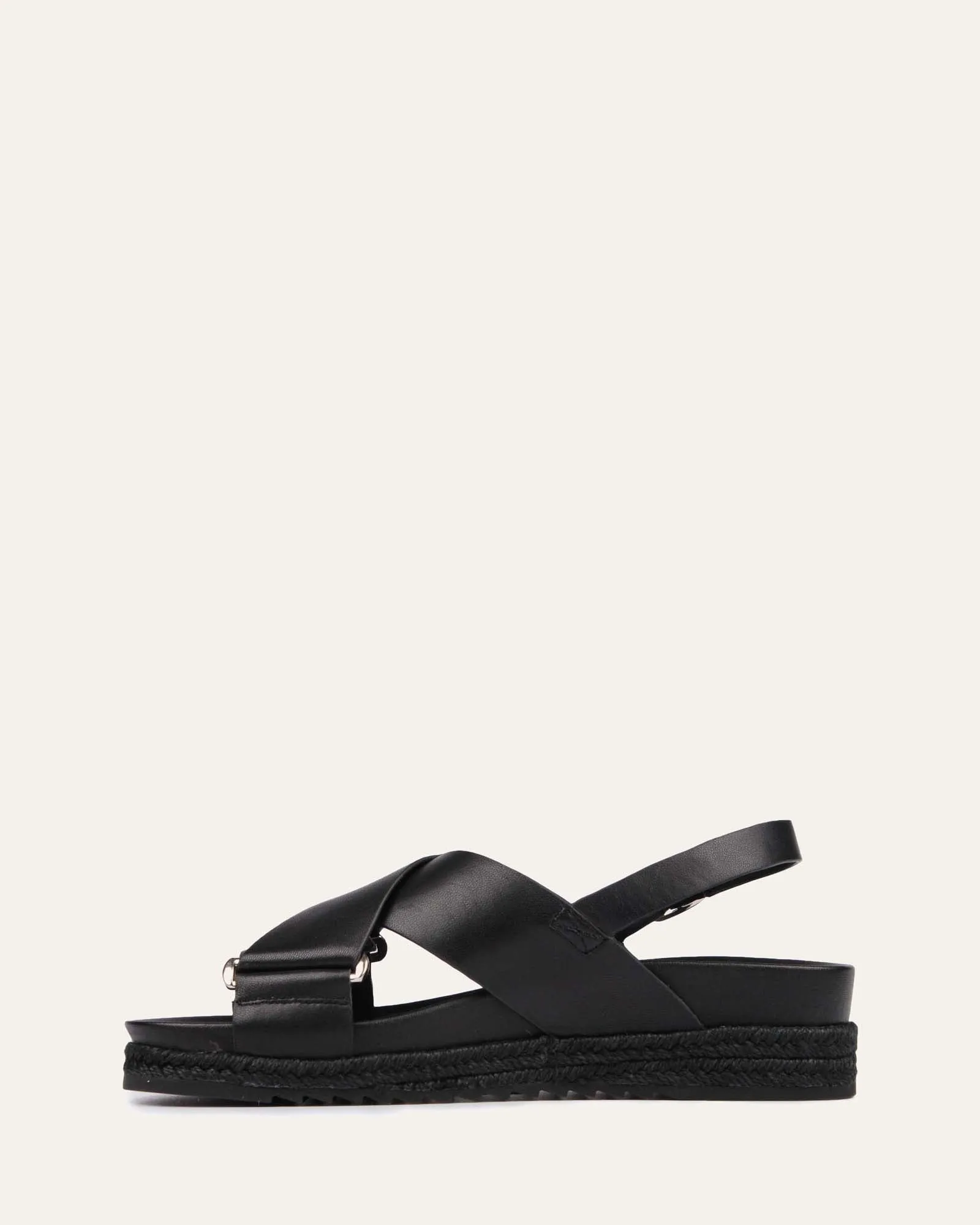 MILES FLAT ESPADRILLE SANDALS BLACK LEATHER