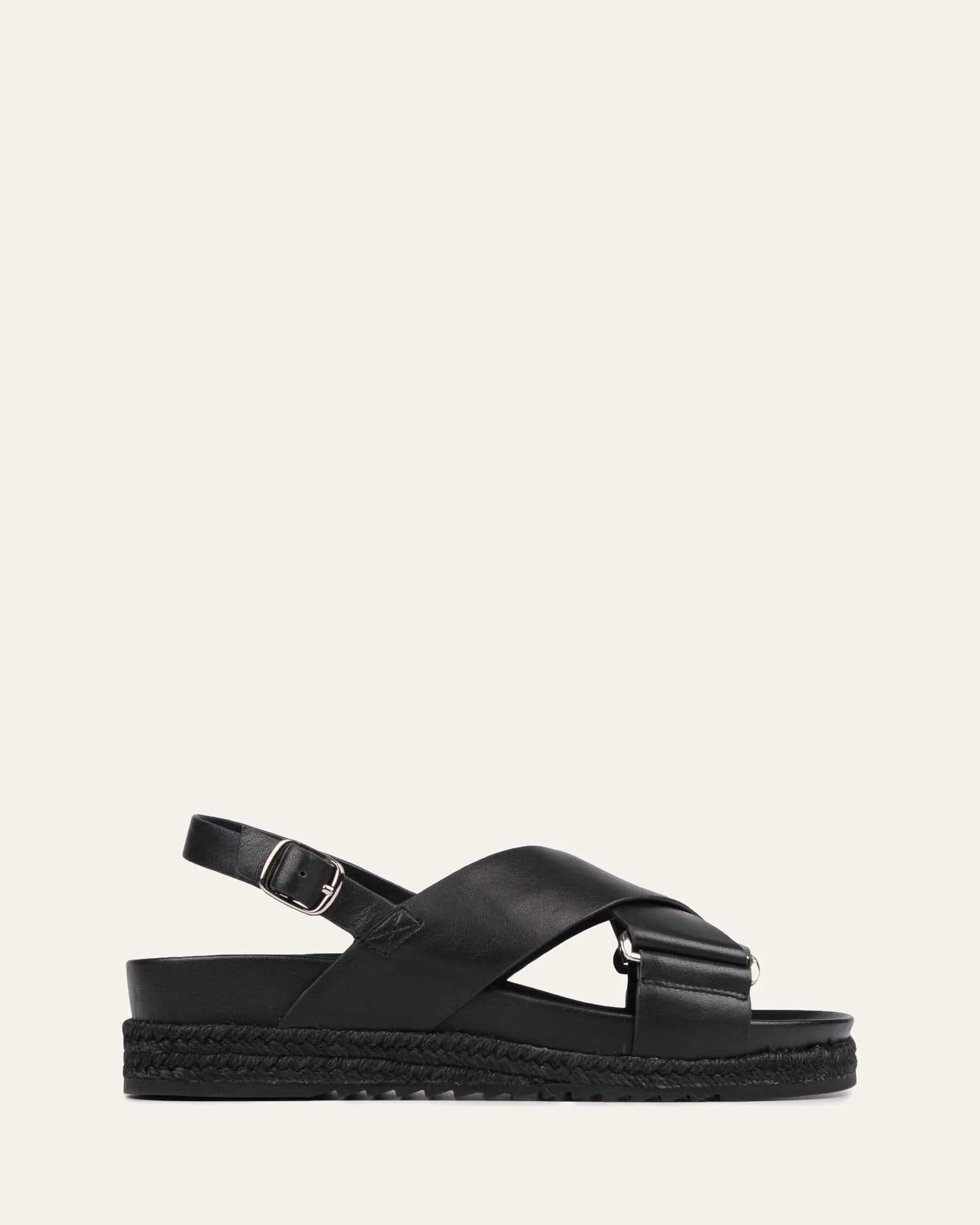 MILES FLAT ESPADRILLE SANDALS BLACK LEATHER