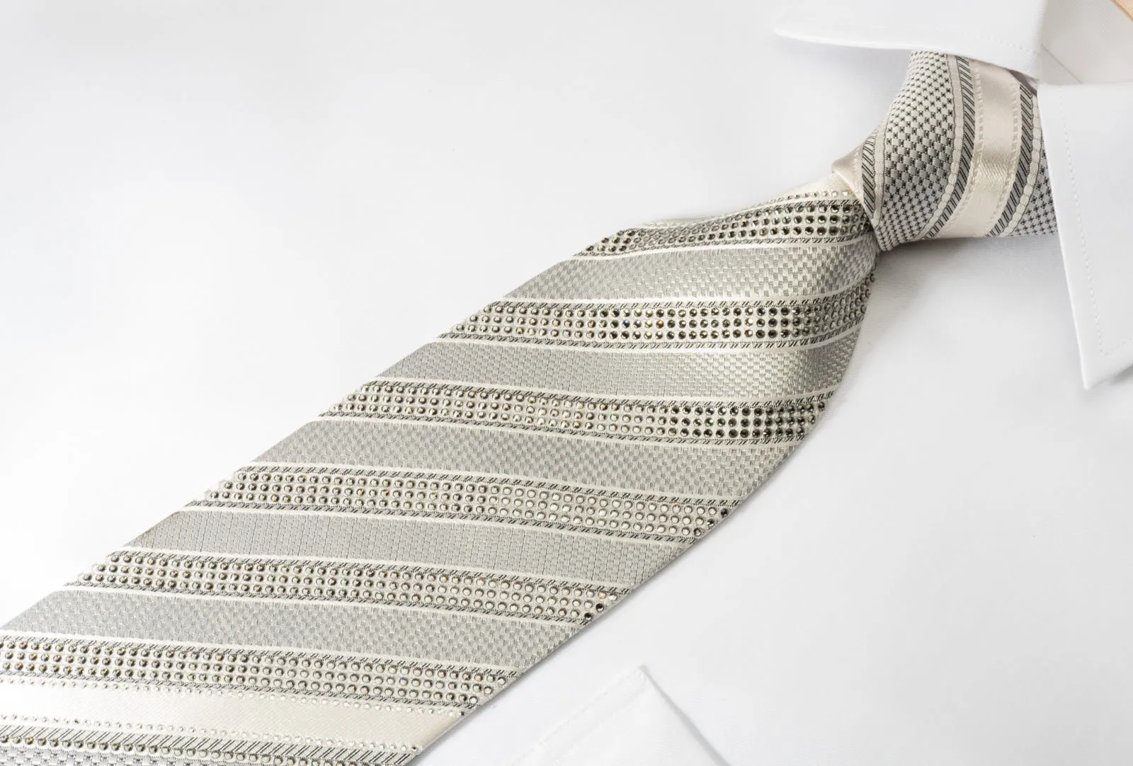 Nina Ricci Mens Silk Rhinestone Tie Silver Striped On White