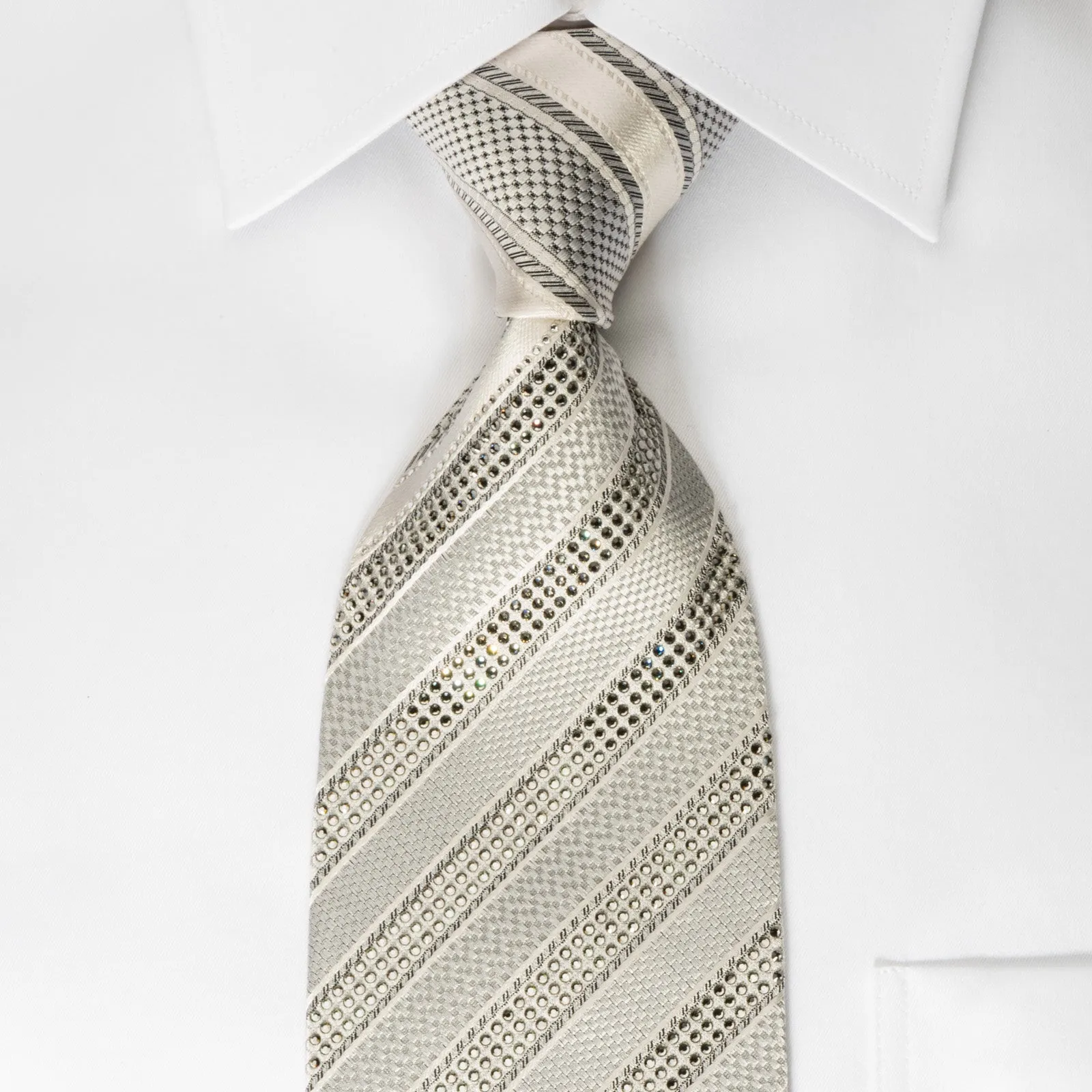 Nina Ricci Mens Silk Rhinestone Tie Silver Striped On White