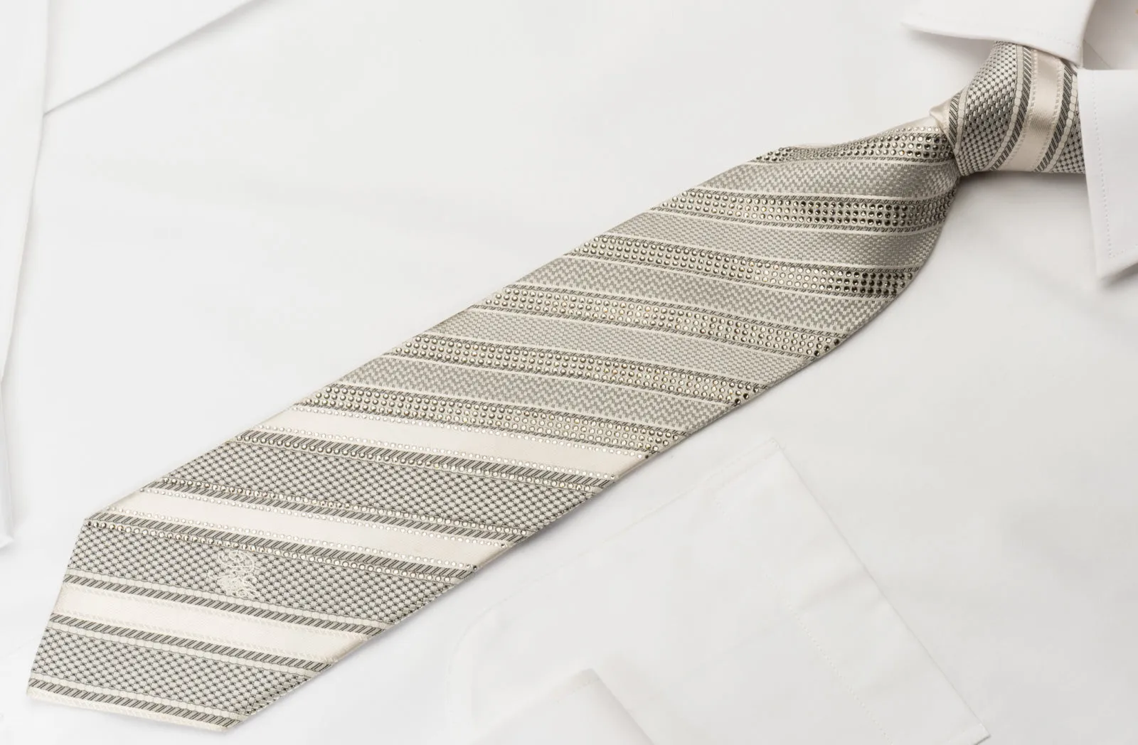 Nina Ricci Mens Silk Rhinestone Tie Silver Striped On White