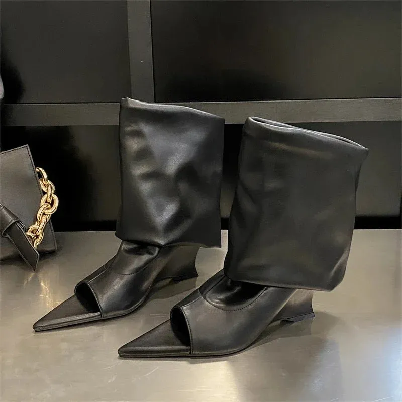 Pre Order:  Pointed Peep Toe Wedge Heel Boots