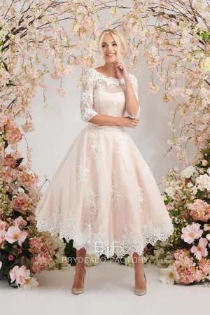 Pretty Lace Three-Quarter Sleeves Blush Short Puffy Wedding Dress