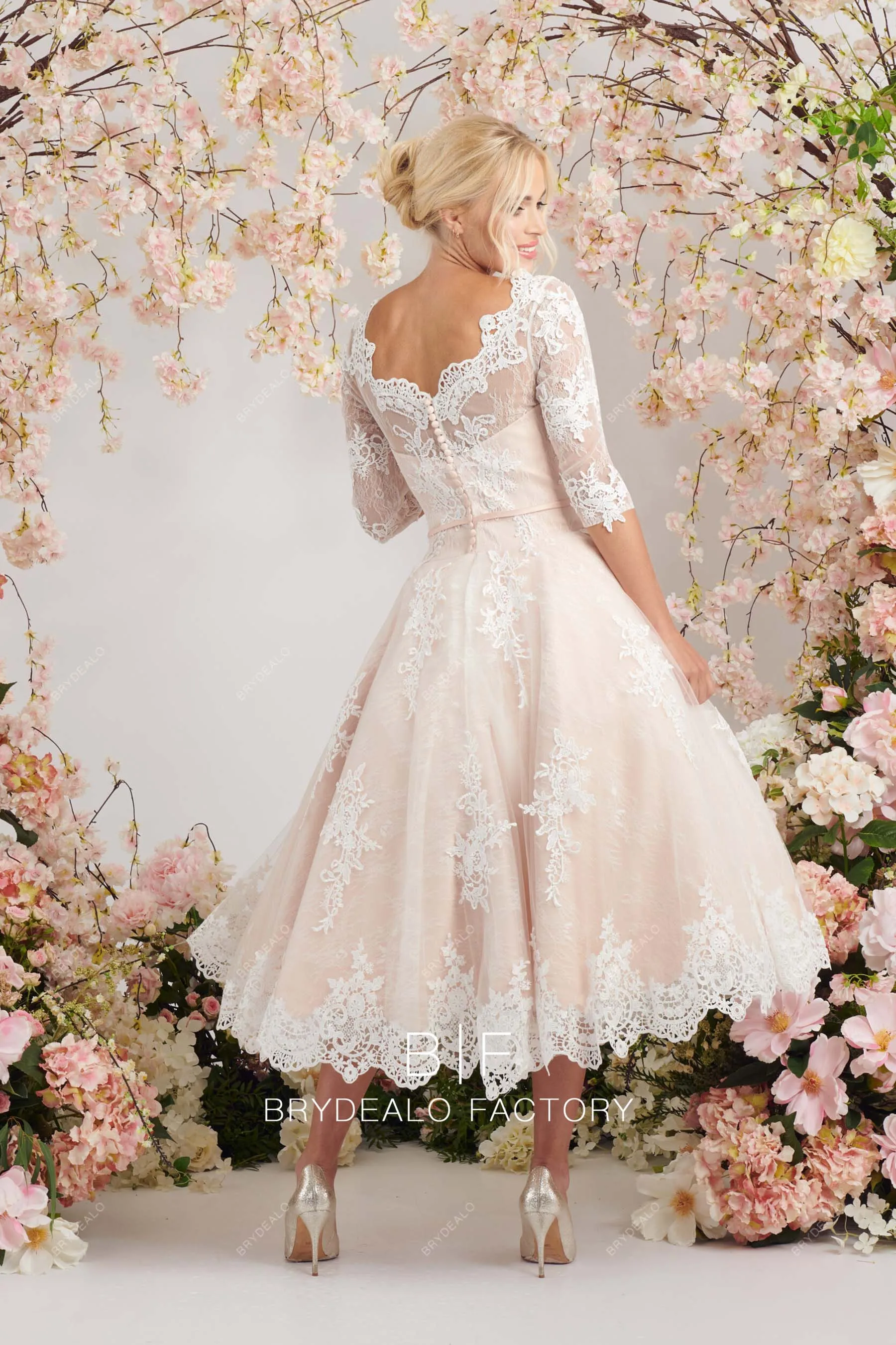 Pretty Lace Three-Quarter Sleeves Blush Short Puffy Wedding Dress