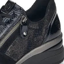 Remonte D2401-02 Rea Black Wedge Comb Leather Lace-Up Trainers